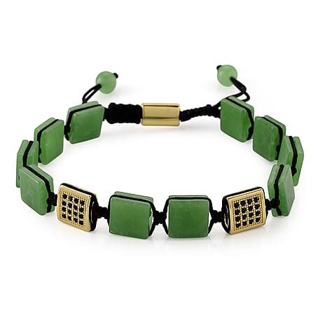 Green Jade, Black Cubic Zirconia Beads Bracelet Pure Yellow Brass  75.200  Ct.