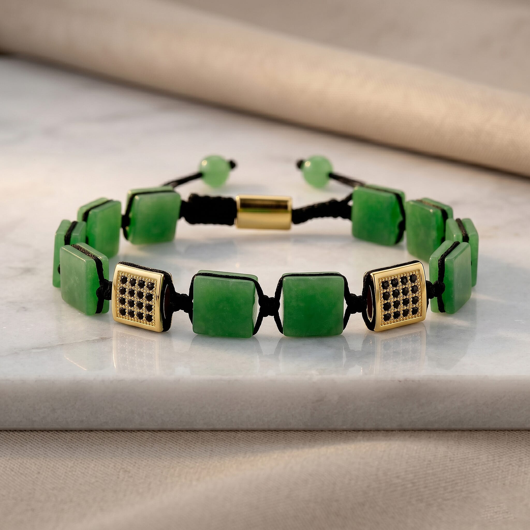 Enhanced Green Jade & Black Cubic Zirconia Adjustable Beads Bracelet 75.20 Ct.