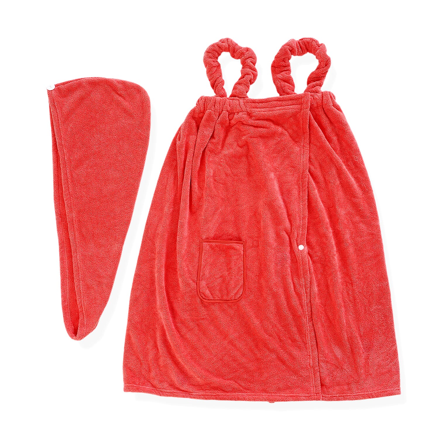 LIVMORE 2-Piece Wearable Bath Towel with Pocket & Matching Hair Towel Wrap (140 x 82cm) - Coral