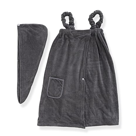 LIVMORE 2-Piece Wearable Bath Towel with Pocket & Matching Hair Towel Wrap (140 x 82cm) - Grey