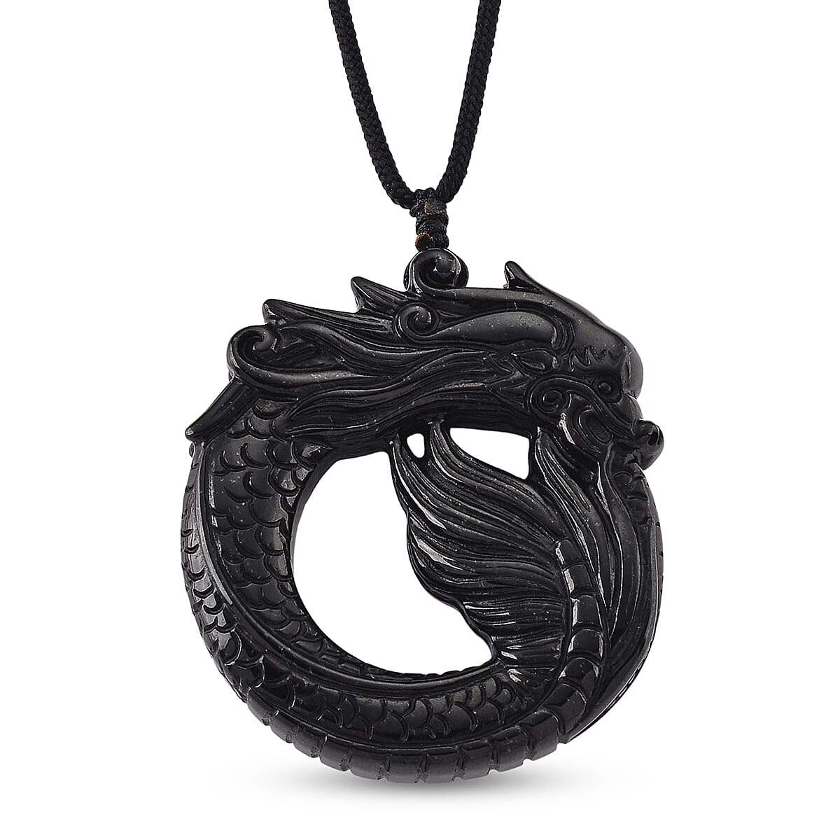 Black Jade Adjustable Dragon Carving Necklace (Size - 28) 180.00 Ct.