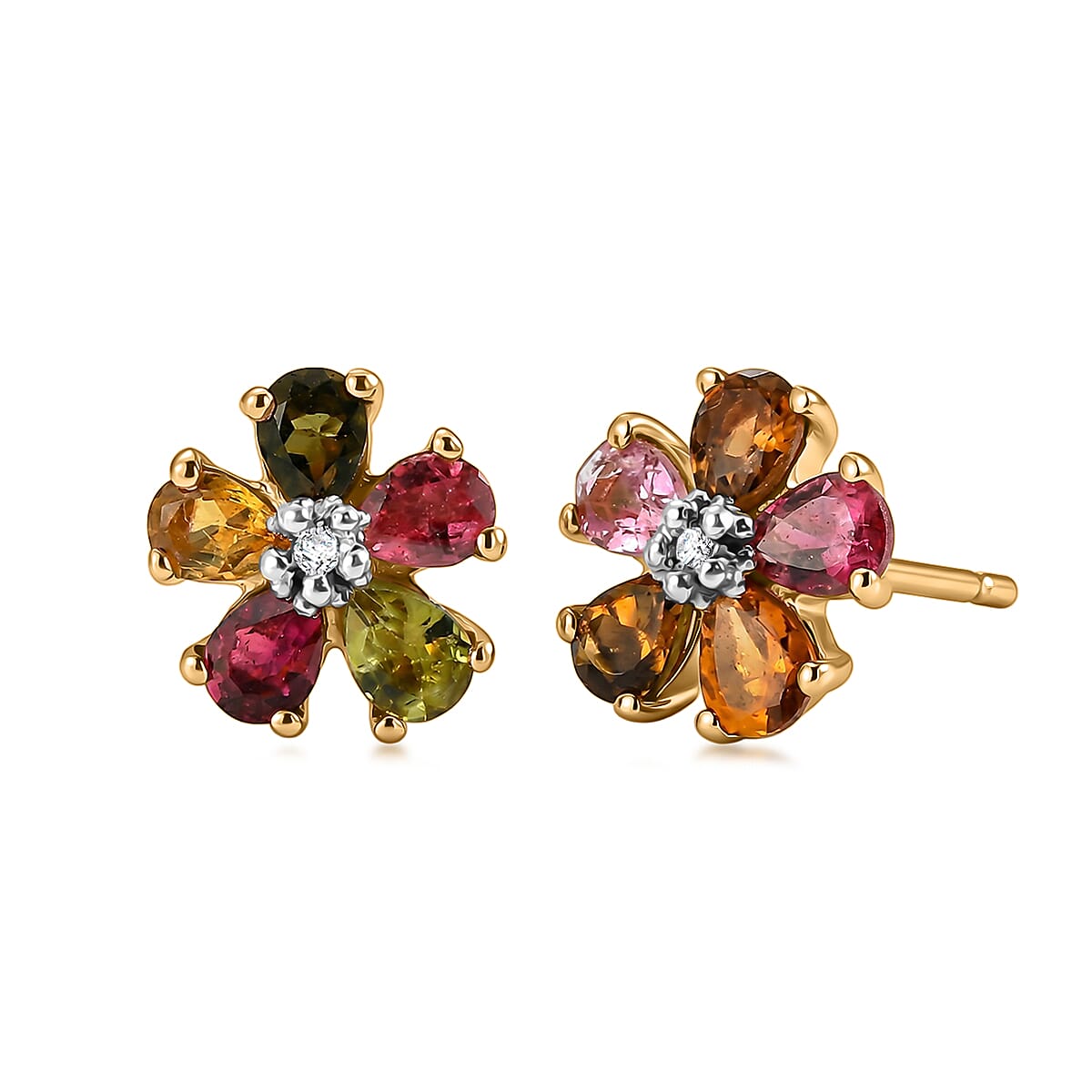 Luxuriant - Multi-Tourmaline & Lab Grown Diamond (SI-G-H) Earring with Push Post in Yellow Gold Plated Sterling Silver 1.62 Ct.