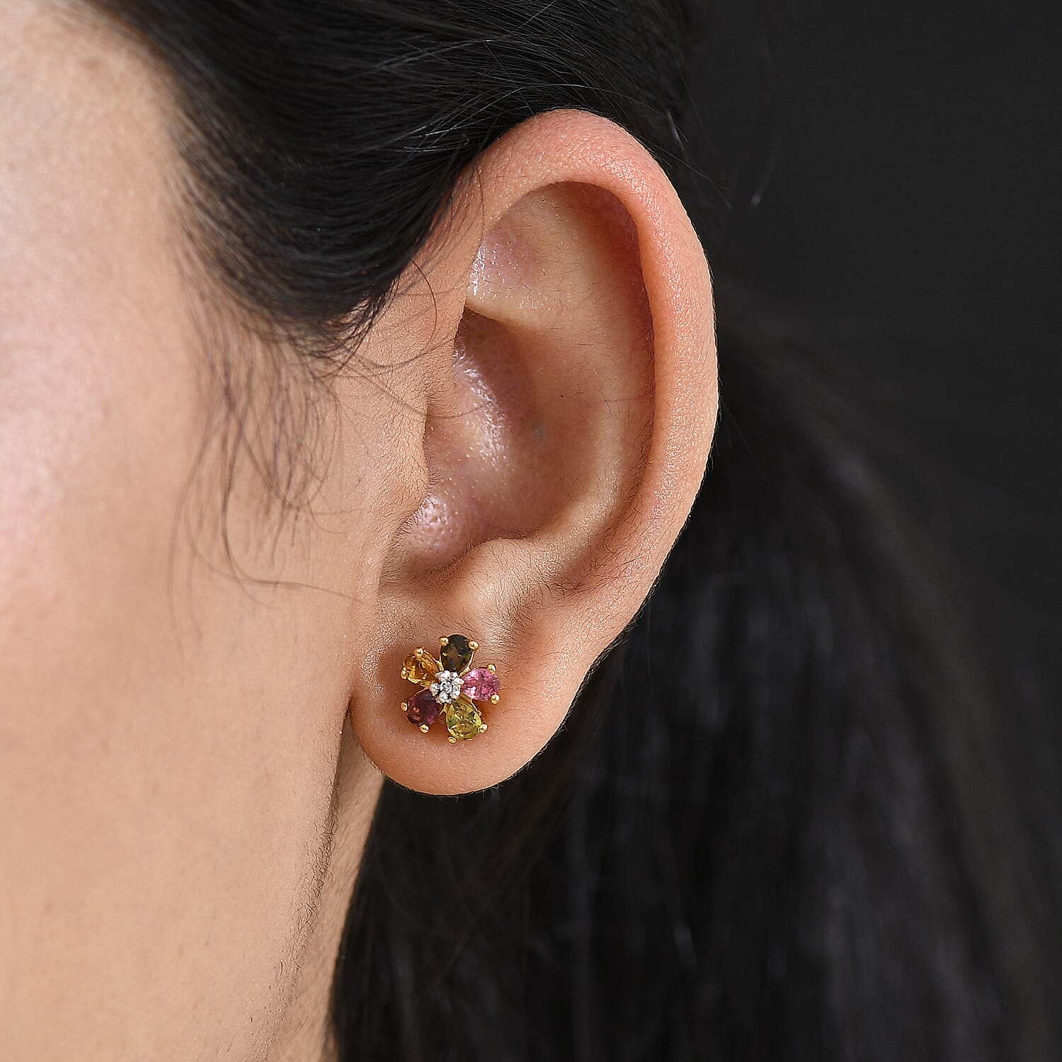 Luxuriant - Multi-Tourmaline & Lab Grown Diamond (SI-G-H) Earring with Push Post in Yellow Gold Plated Sterling Silver 1.62 Ct.