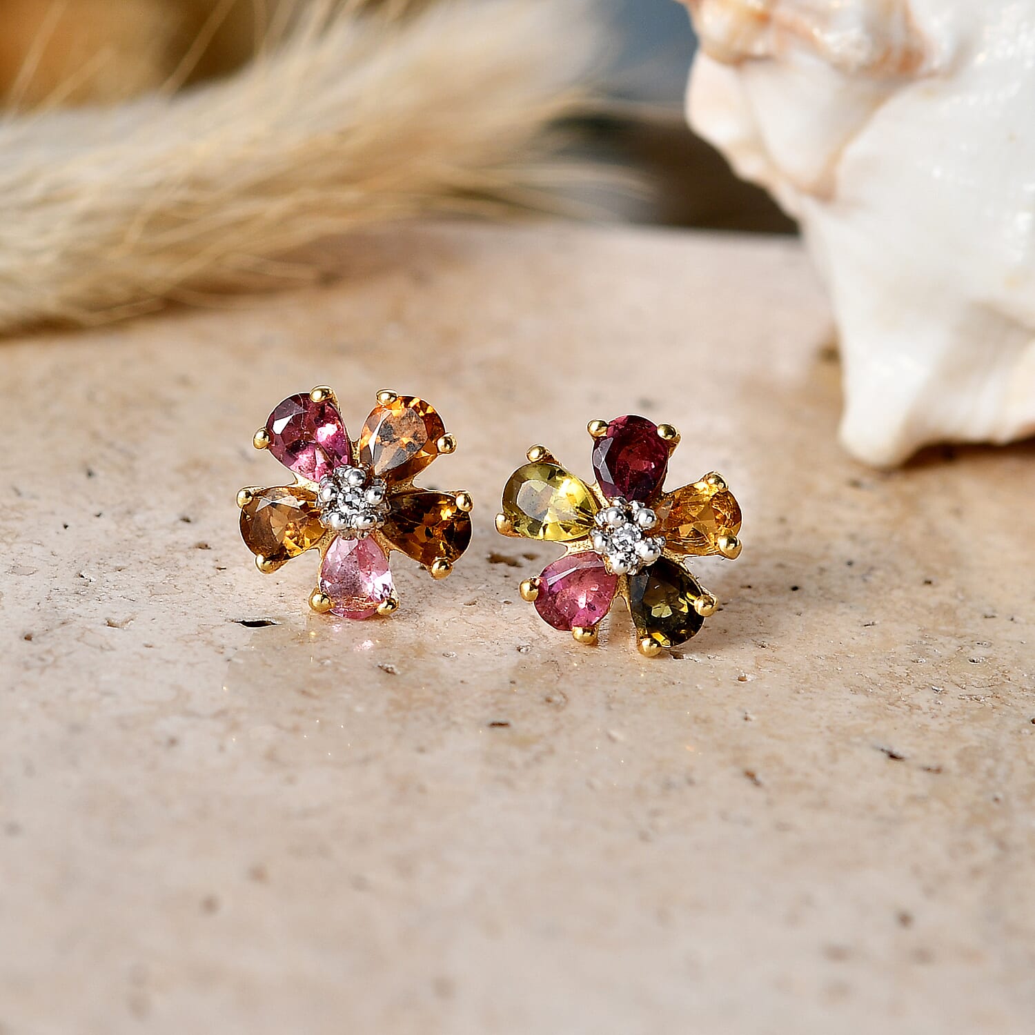 Luxuriant - Multi-Tourmaline & Lab Grown Diamond (SI-G-H) Earring with Push Post in Yellow Gold Plated Sterling Silver 1.62 Ct.