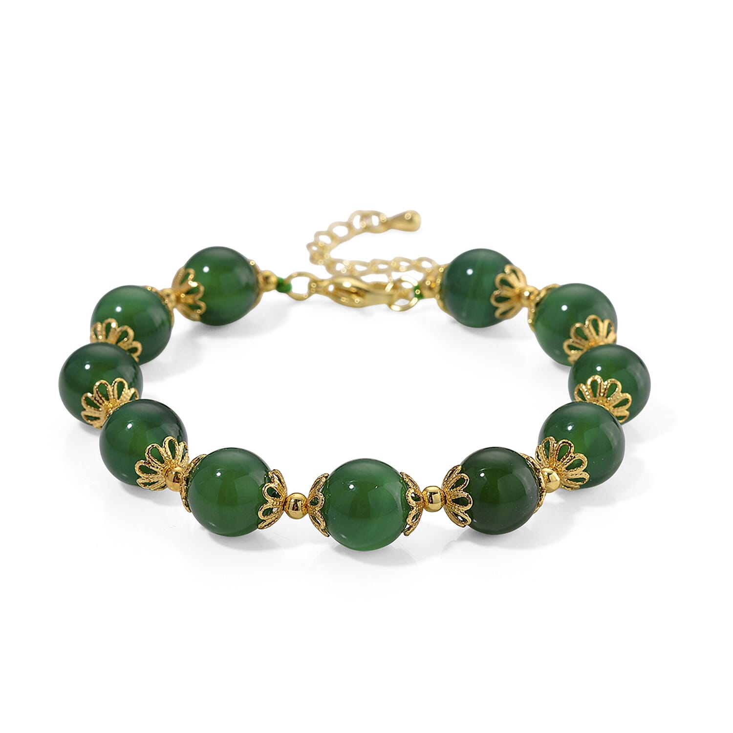 Green Onyx Adjustable Beads Bracelet (Size - 7-2 Ext) in Yellow Gold Tone 85.00 Ct.
