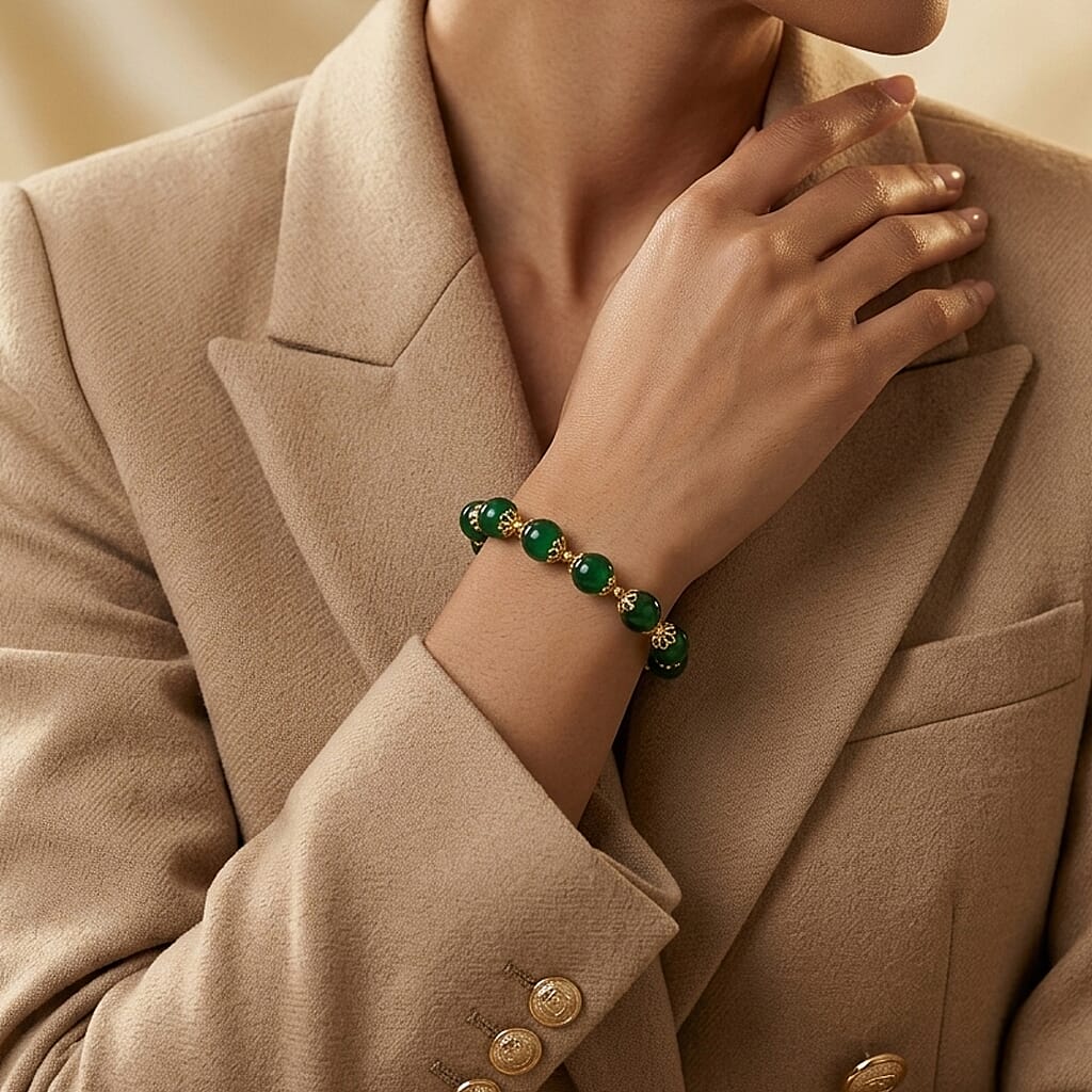 Green Onyx Adjustable Beads Bracelet (Size - 7-2 Ext) in Yellow Gold Tone 85.00 Ct.