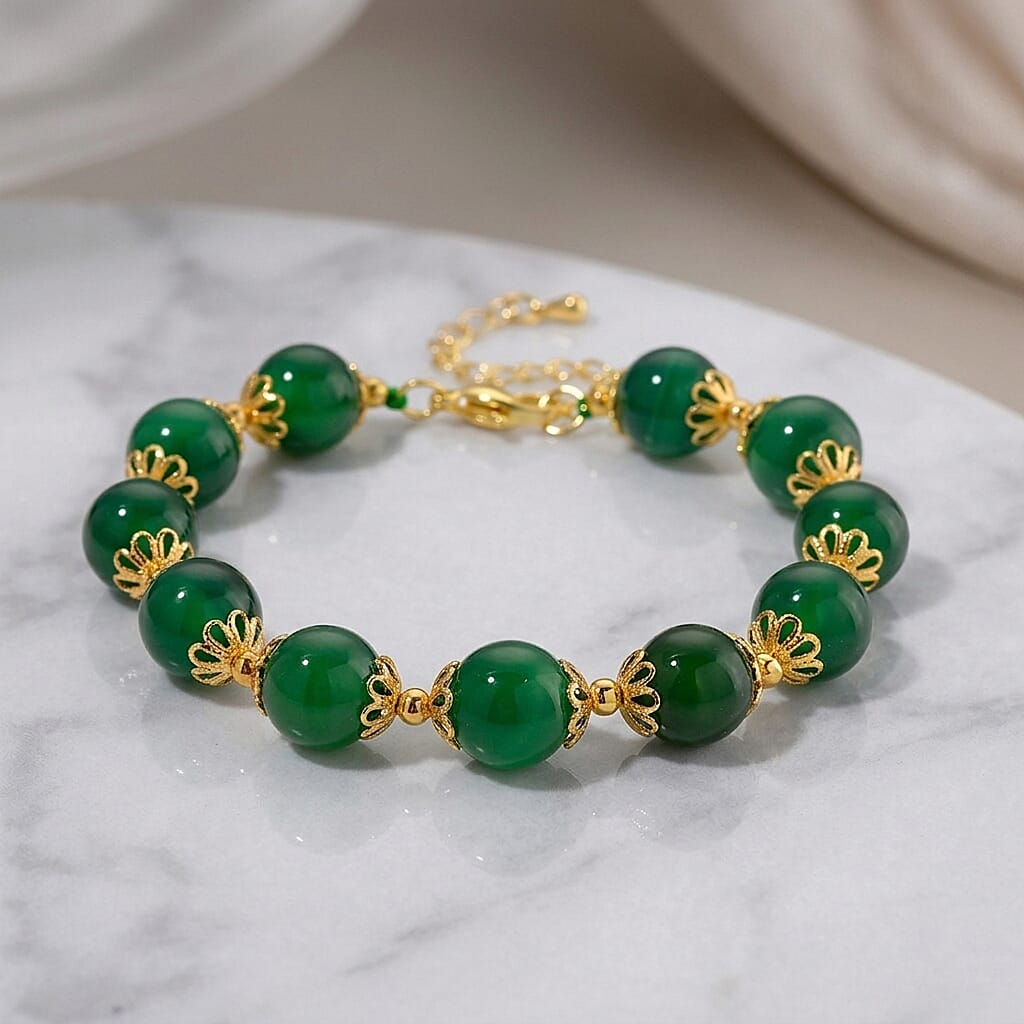 Green Onyx Adjustable Beads Bracelet (Size - 7-2 Ext) in Yellow Gold Tone 85.00 Ct.