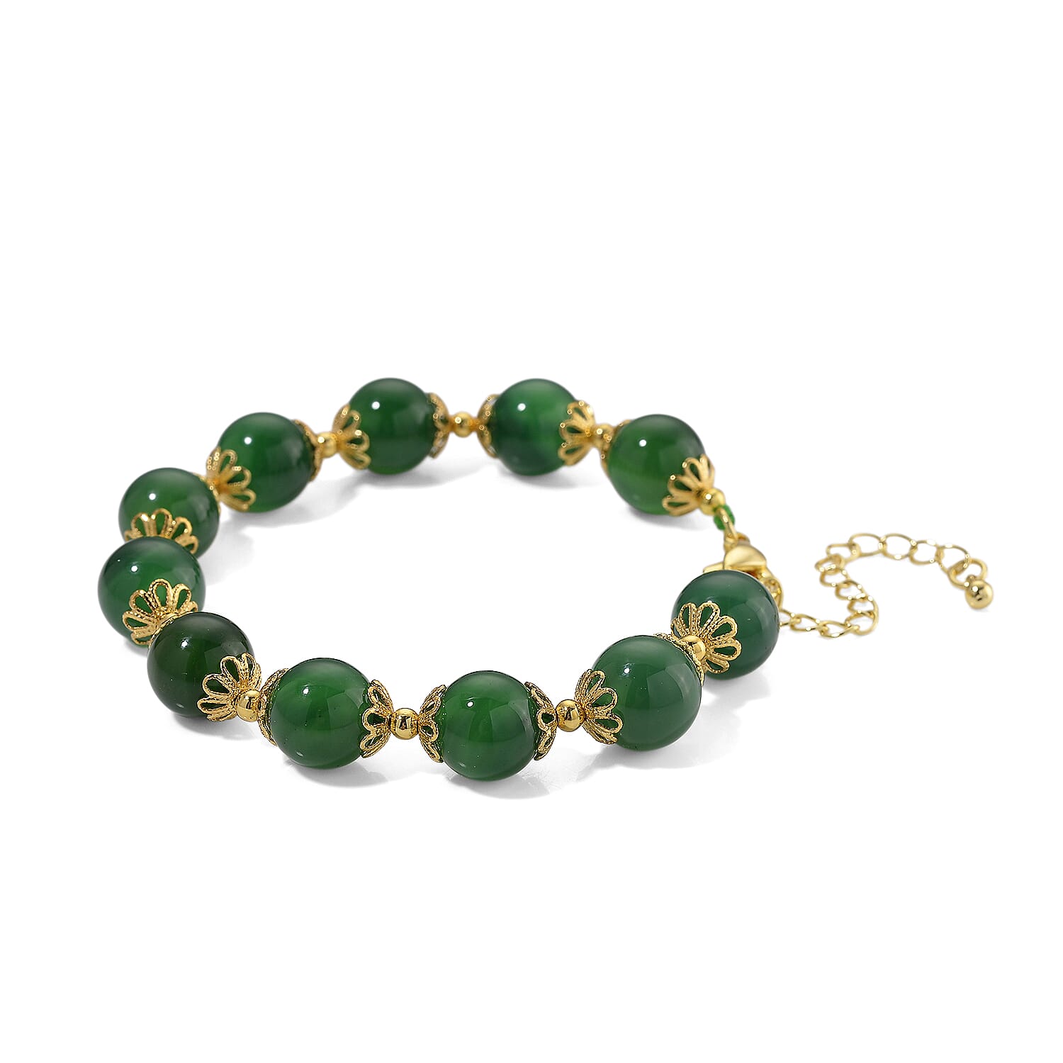 Green Onyx Adjustable Beads Bracelet (Size - 7-2 Ext) in Yellow Gold Tone 85.00 Ct.