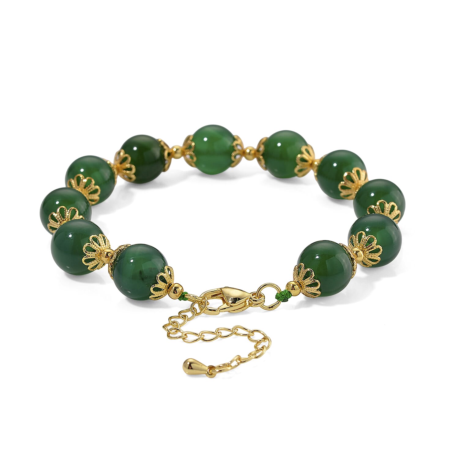 Green Onyx Adjustable Beads Bracelet (Size - 7-2 Ext) in Yellow Gold Tone 85.00 Ct.