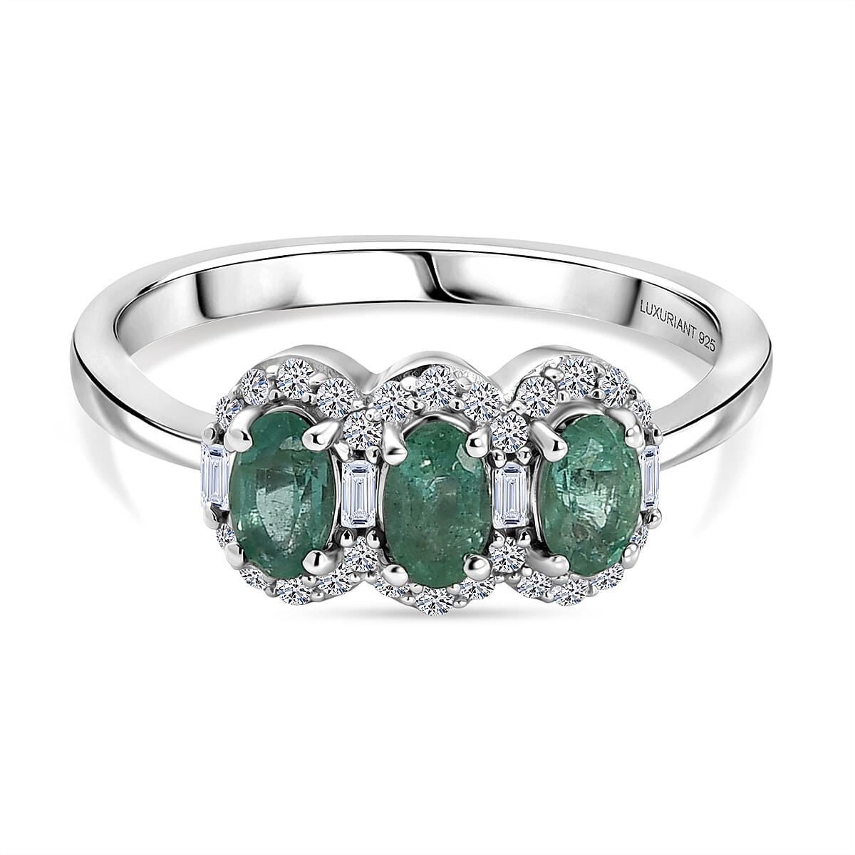D'Joy Zambian Emerald, Lab Grown Diamond Main Stone With Surrounding Stone Ring in Rhodium OverlaySterling Silver  0.845  Ct.