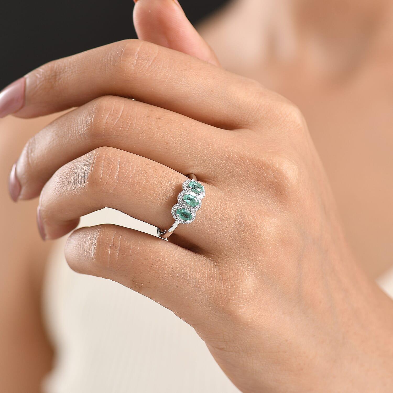 D'Joy Zambian Emerald, Lab Grown Diamond Main Stone With Surrounding Stone Ring in Rhodium OverlaySterling Silver  0.845  Ct.