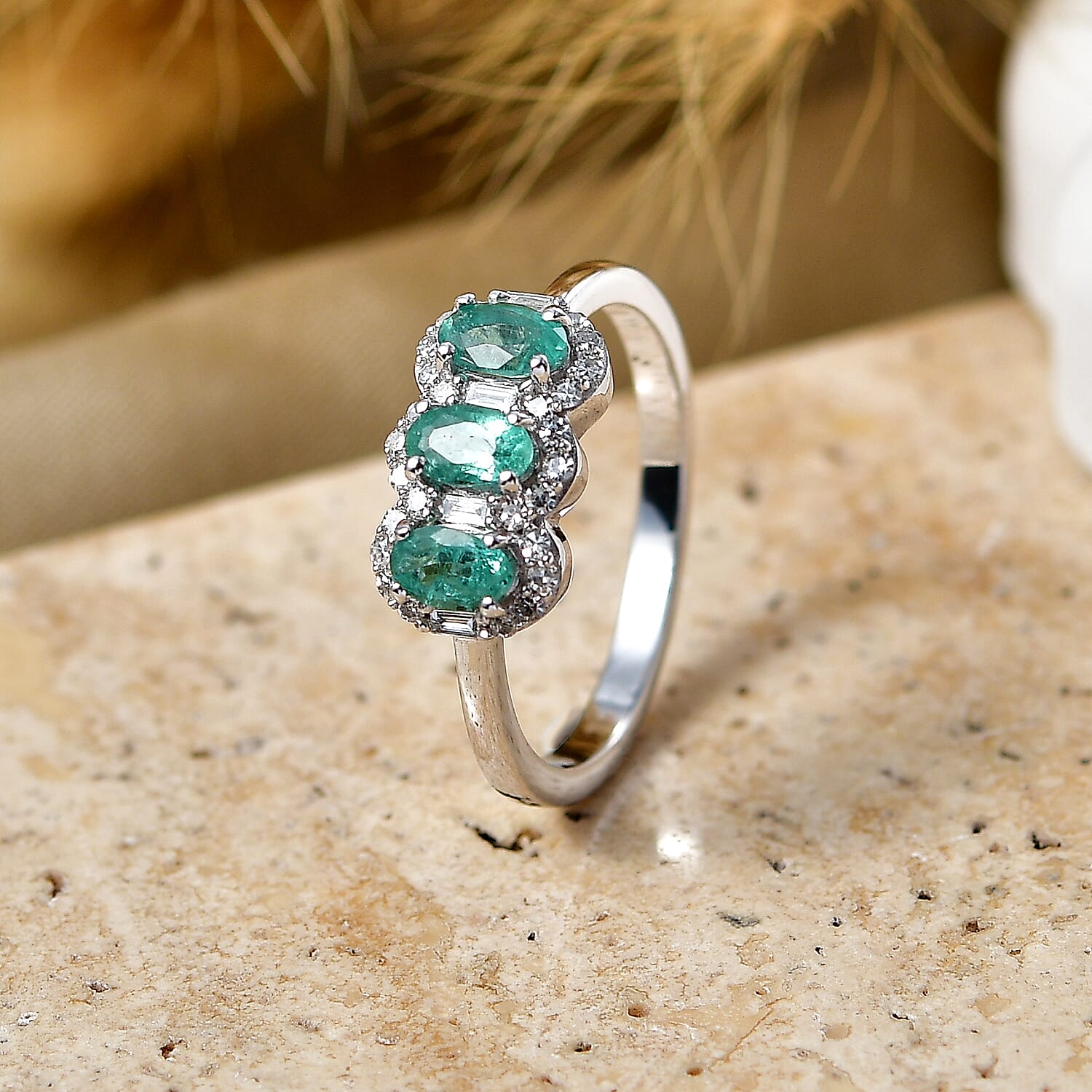 D'Joy Zambian Emerald, Lab Grown Diamond Main Stone With Surrounding Stone Ring in Rhodium OverlaySterling Silver  0.845  Ct.