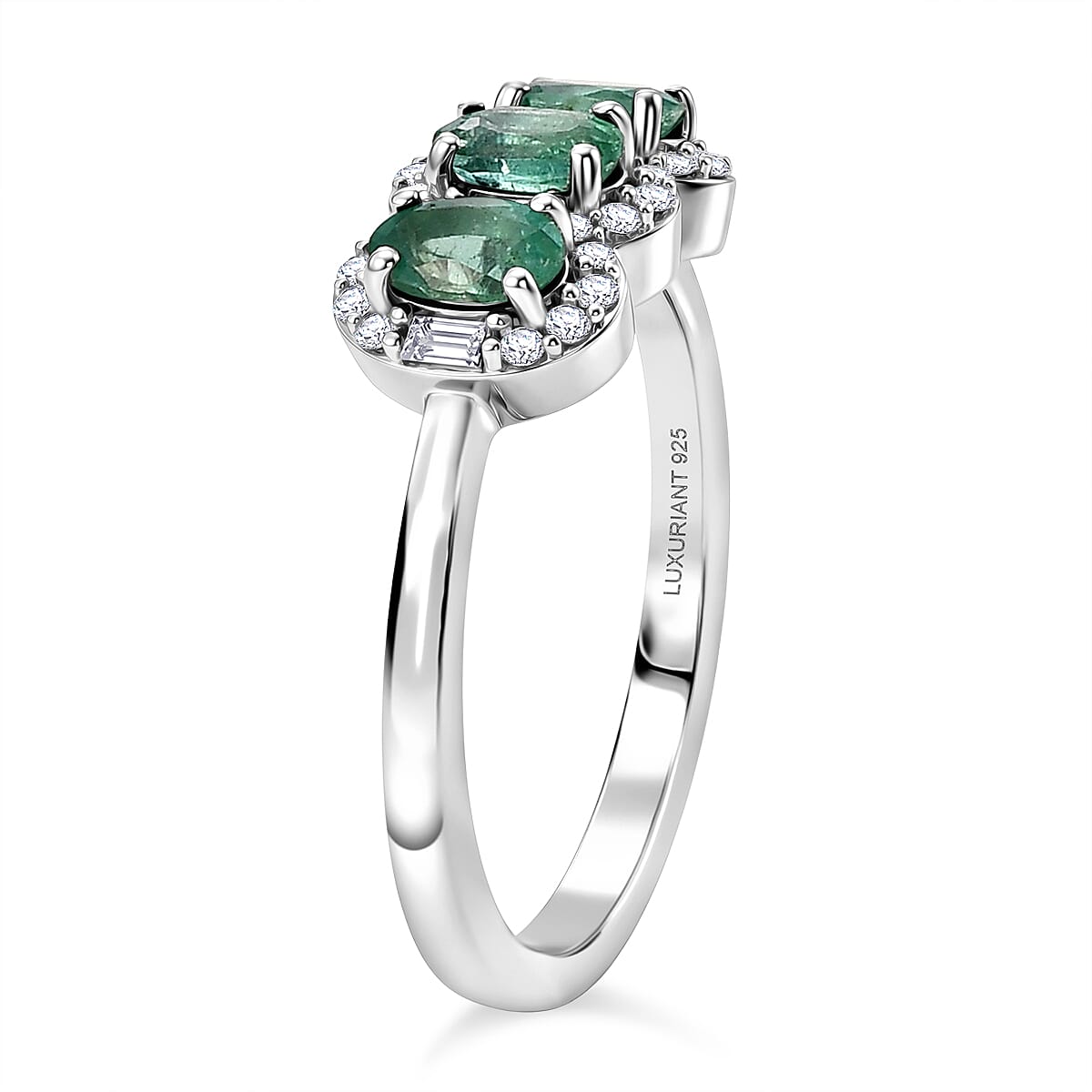 D'Joy Zambian Emerald, Lab Grown Diamond Main Stone With Surrounding Stone Ring in Rhodium OverlaySterling Silver  0.845  Ct.