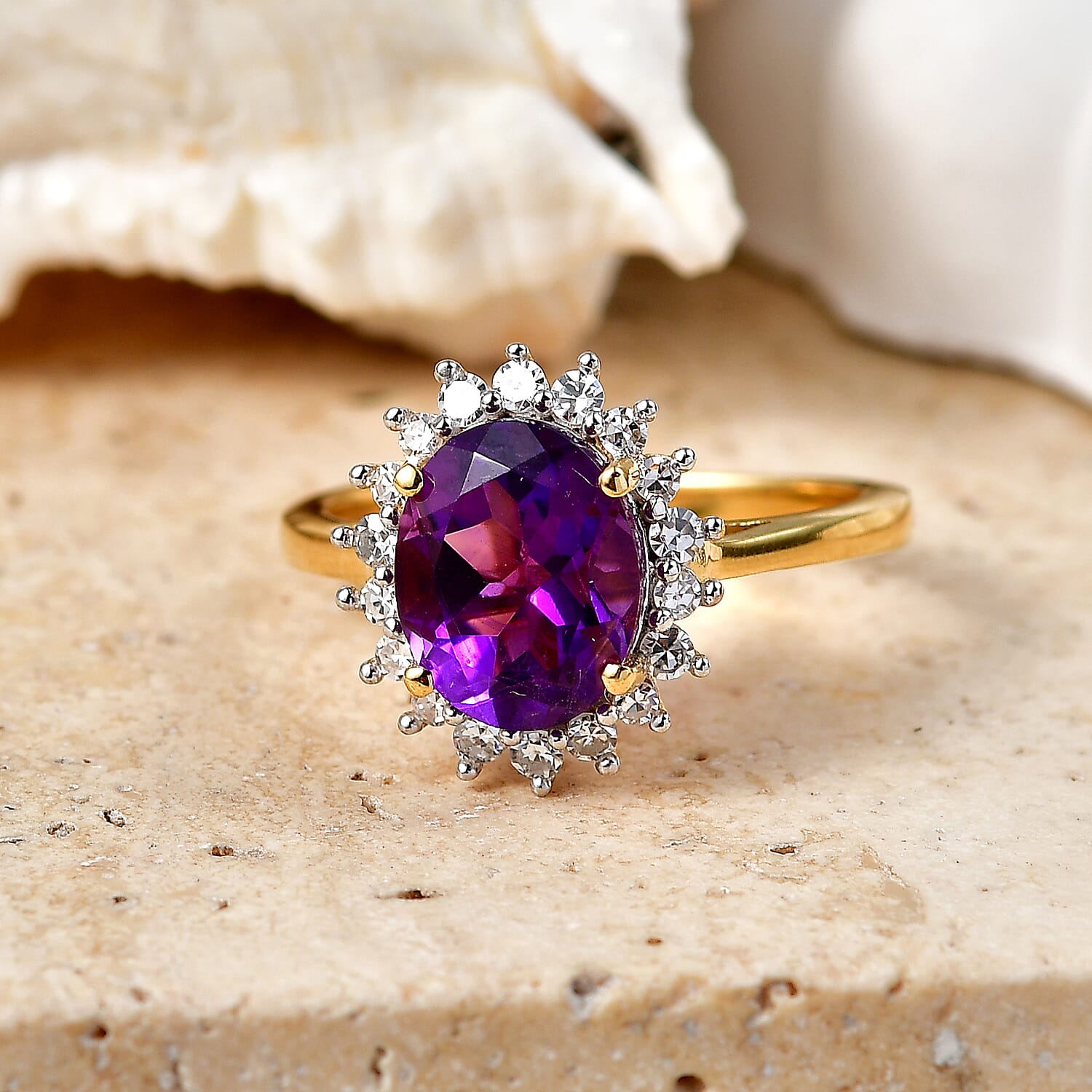 Luxuriant Zambian Amethyst, Lab Grown Diamond Halo Ring in 18K YG VermeilSterling Silver  2.774  Ct.