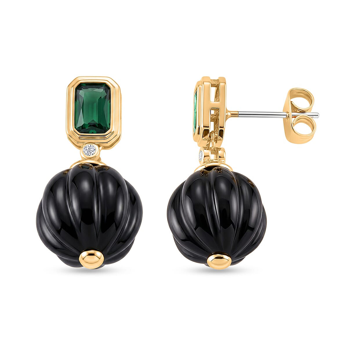 Shungite, Green Cubic Zirconia & Green Crystal Beads Earring with Push Back 20.52 Ct.
