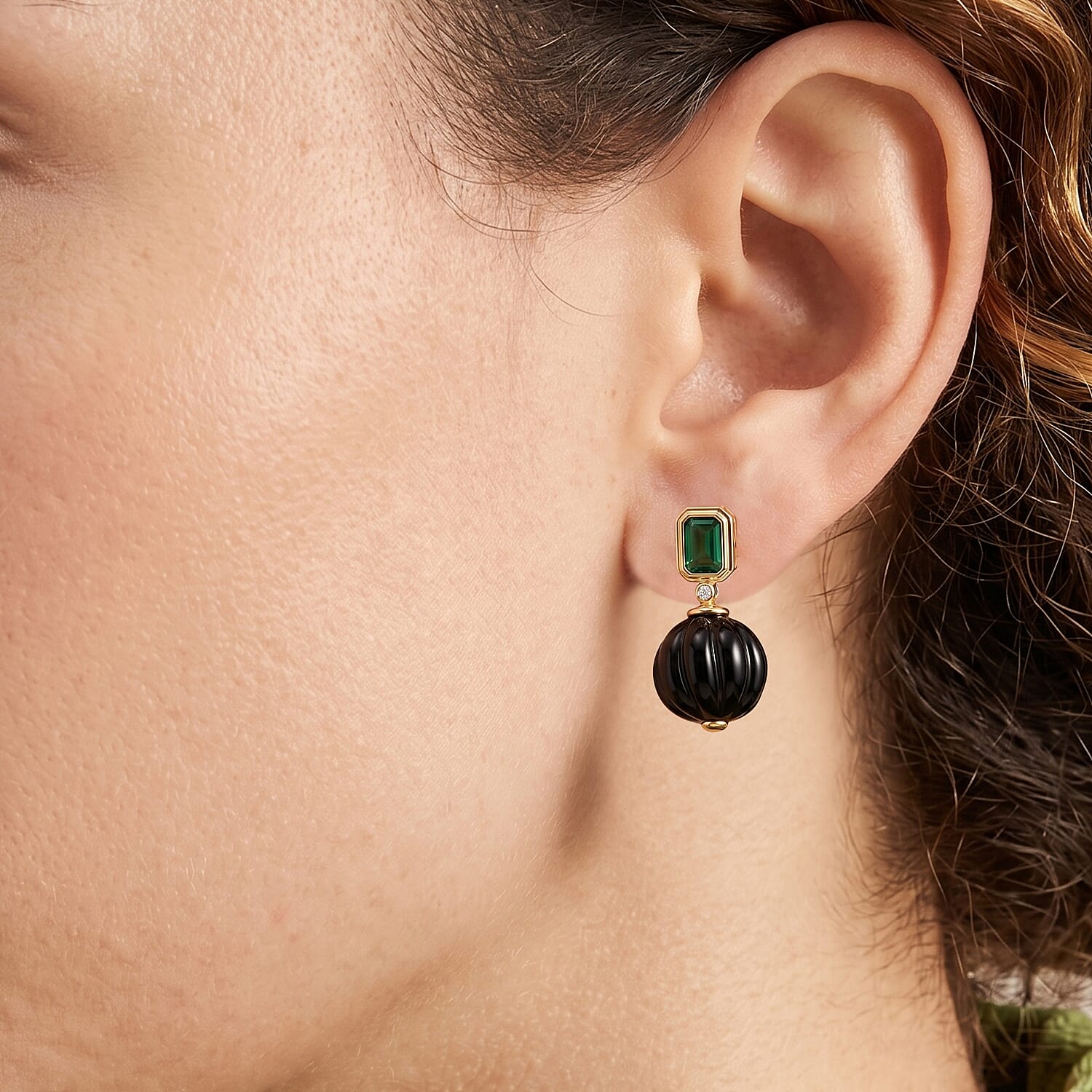 Shungite, Green Cubic Zirconia & Green Crystal Beads Earring with Push Back 20.52 Ct.