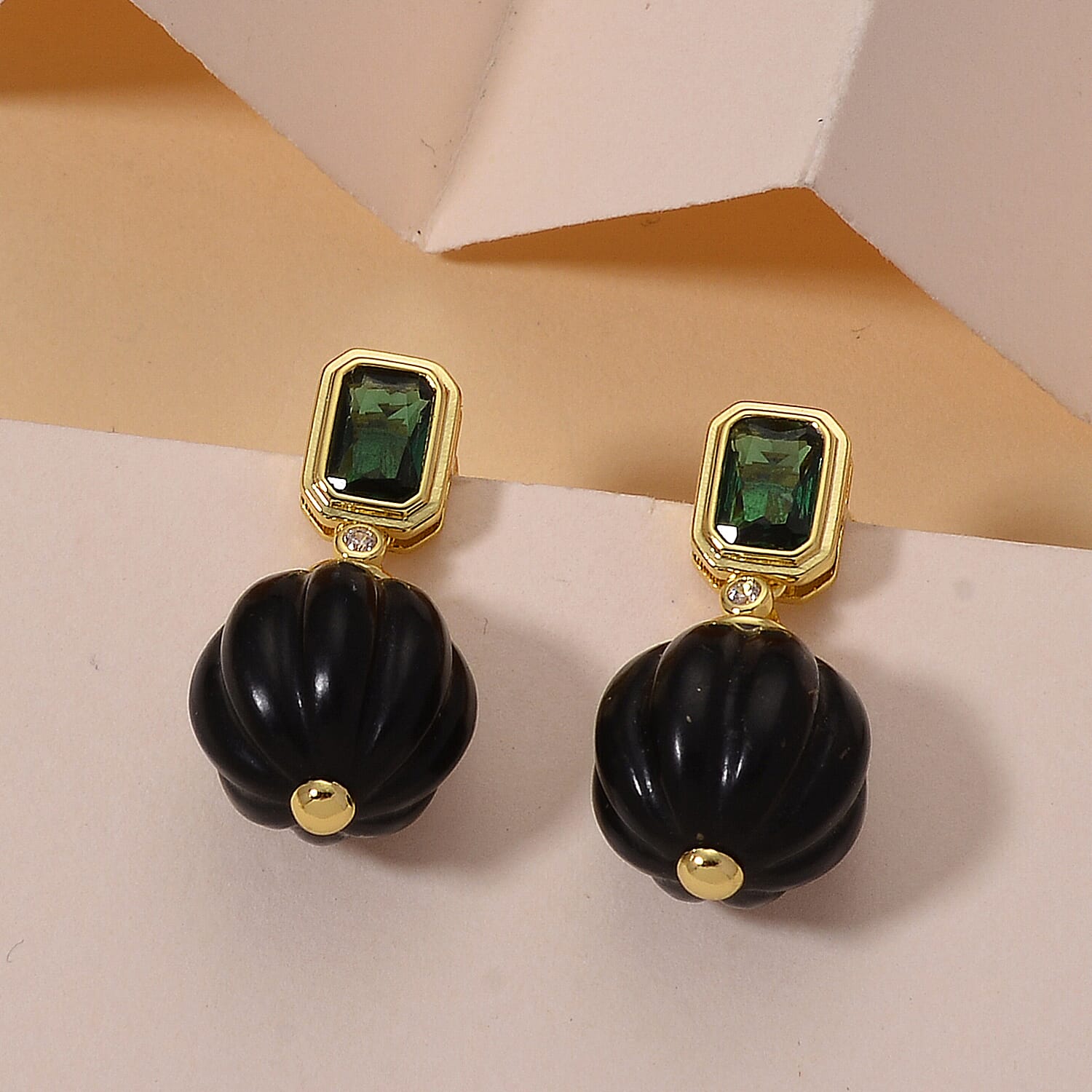 Shungite, Green Cubic Zirconia & Green Crystal Beads Earring with Push Back 20.52 Ct.
