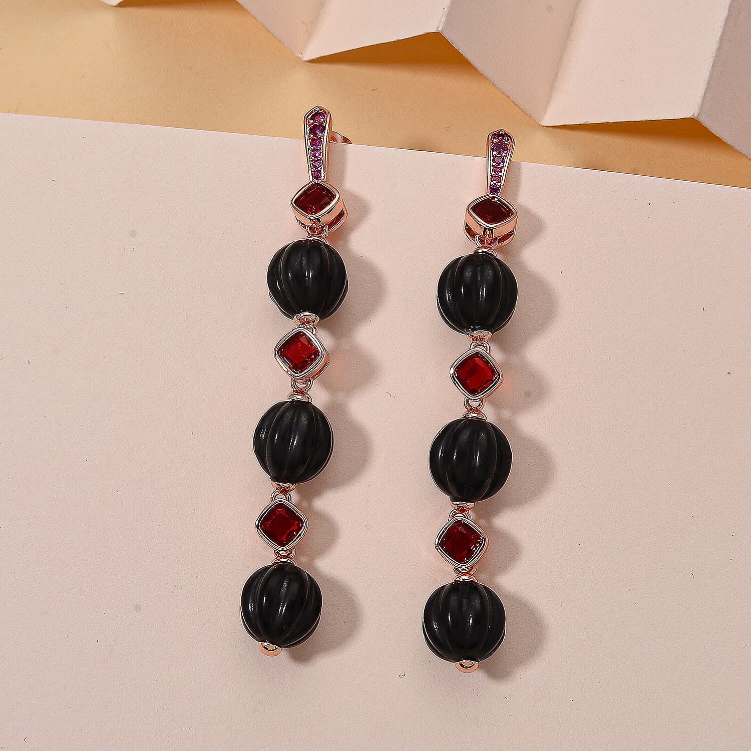 Shungite & Red Cubic Zirconia Beads Drop Earring with Push Back 34.00 Ct.