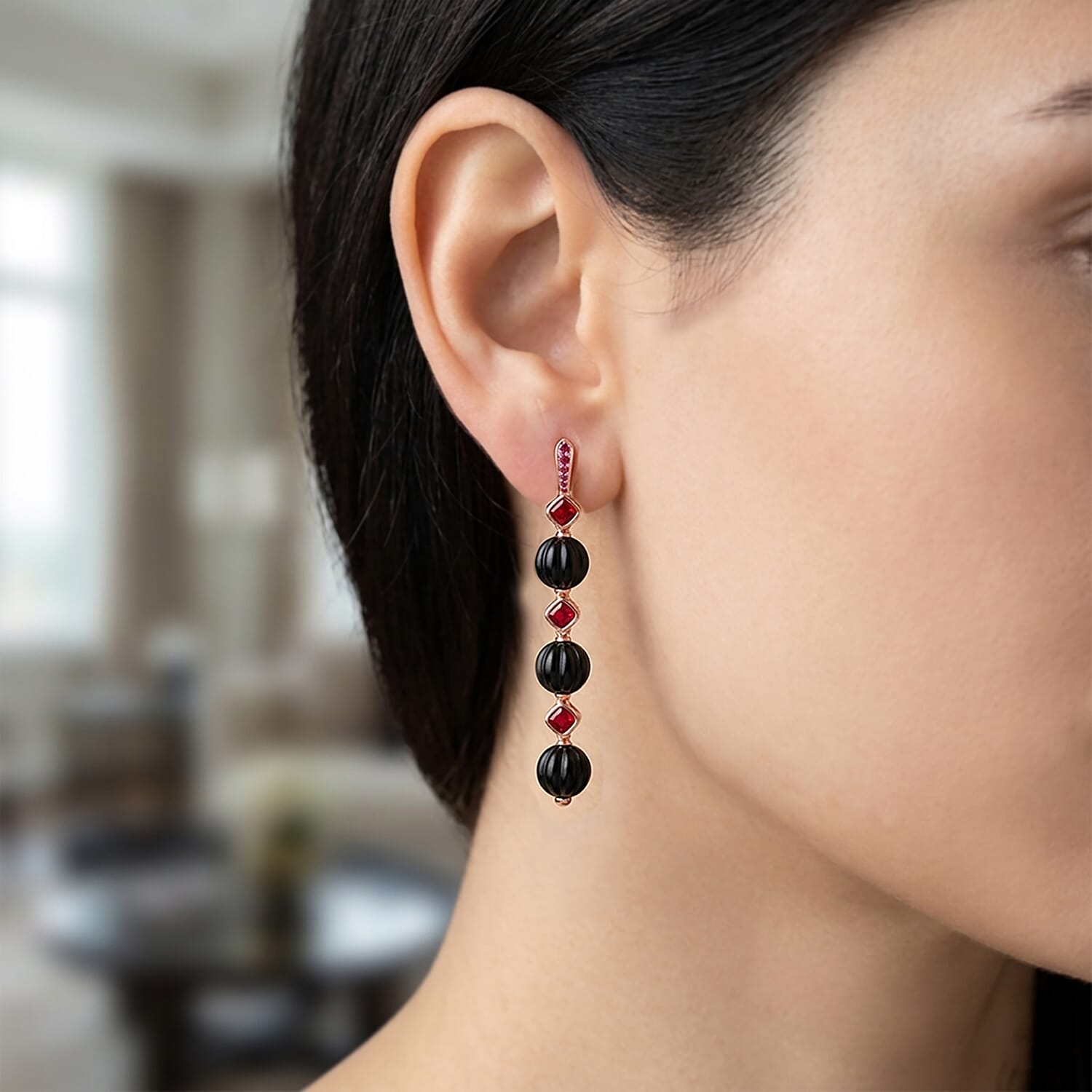 Shungite & Red Cubic Zirconia Beads Drop Earring with Push Back 34.00 Ct.