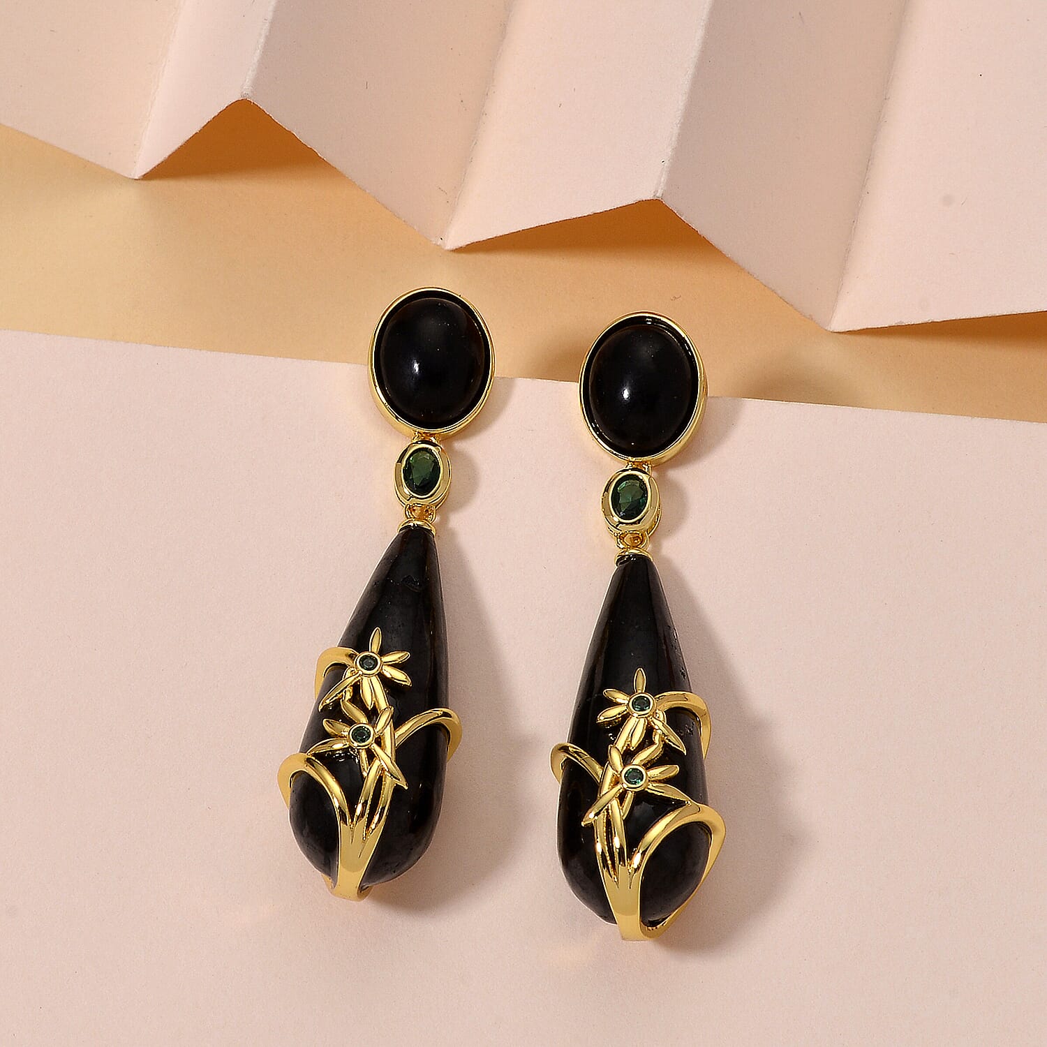 Shungite, Green Cubic Zirconia & Crystal Beads Drop Earring 40.52  Ct.