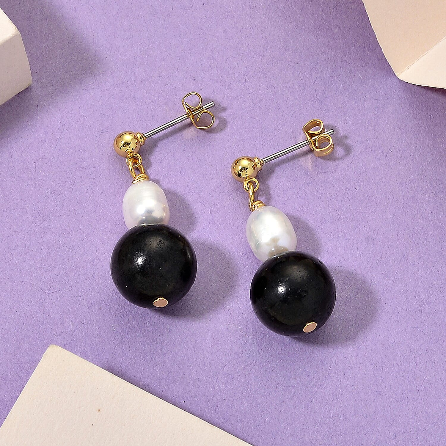 Shungite & Fresh Water Pearl Beads Drop Earring with Push Back 20.00 Ct.