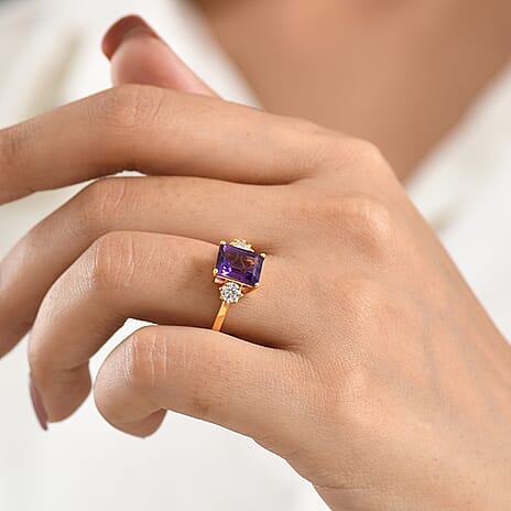D'Joy - AAA Zambian Amethyst & Moissanite Trilogy Ring in Yellow Gold Plated Sterling Silver 2.72 Ct.
