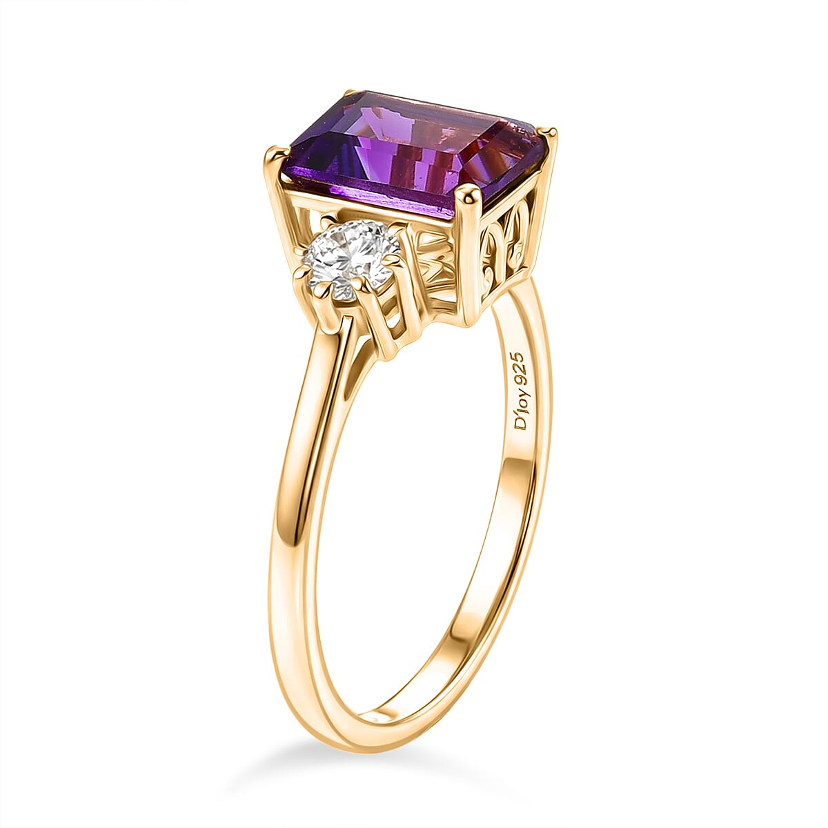 D'Joy - AAA Zambian Amethyst & Moissanite Trilogy Ring in Yellow Gold Plated Sterling Silver 2.72 Ct.