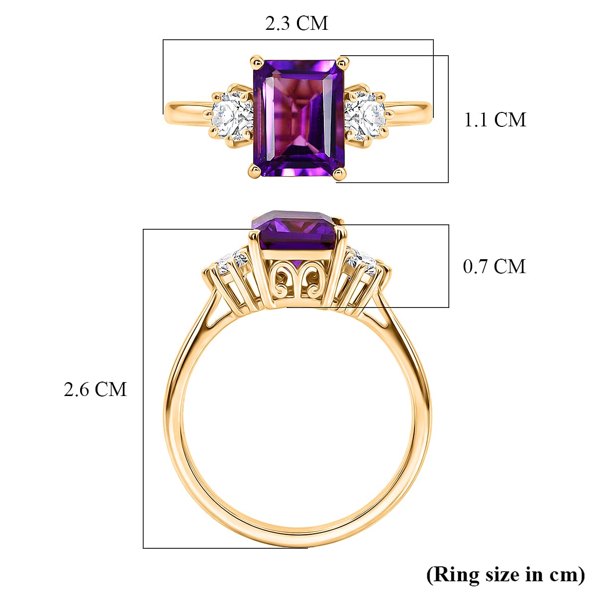 D'Joy - AAA Zambian Amethyst & Moissanite Trilogy Ring in Yellow Gold Plated Sterling Silver 2.72 Ct.