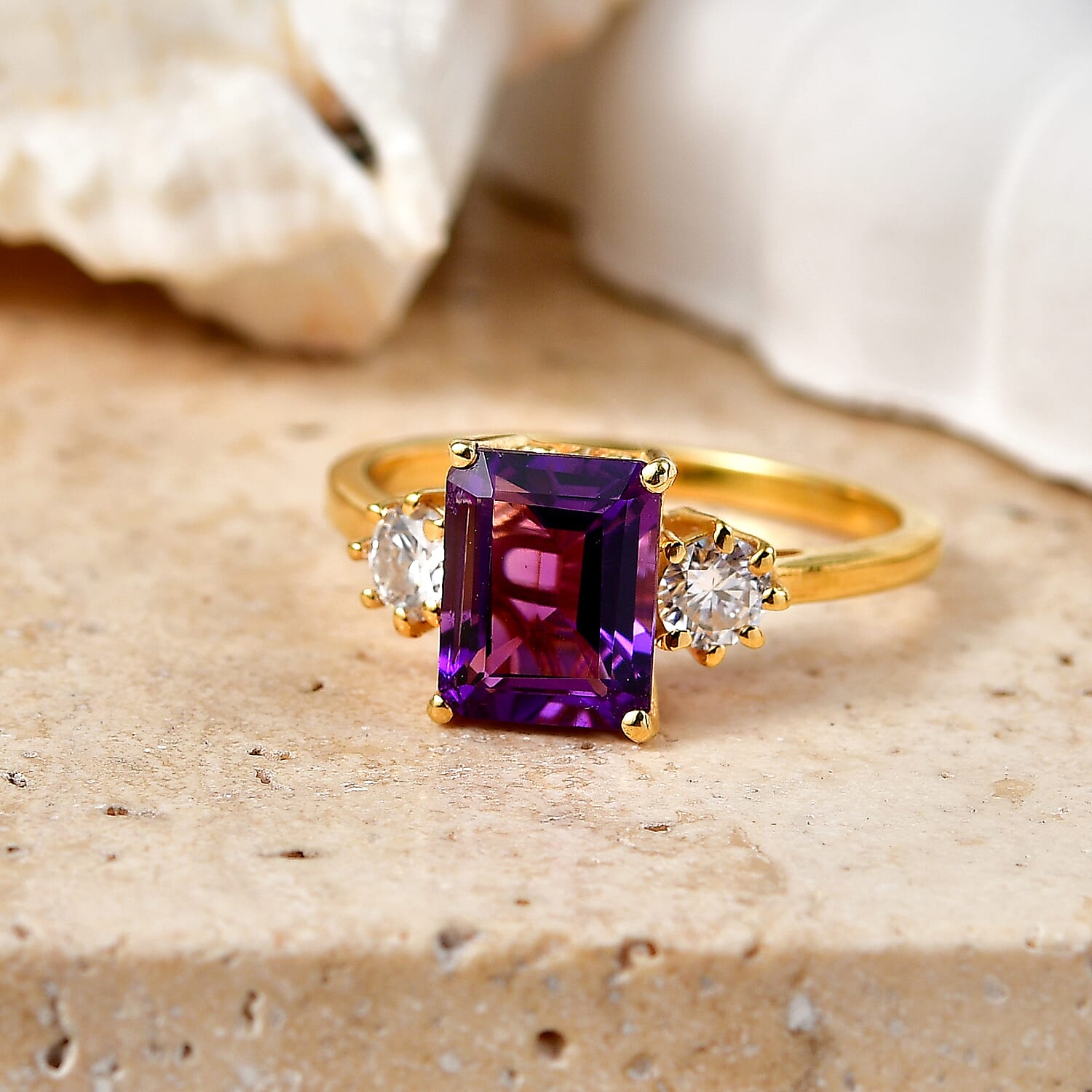 D'Joy Zambian Amethyst, Moissanite Main Stone With Side Stone Ring in 18K YG PlatingSterling Silver  2.742  Ct.