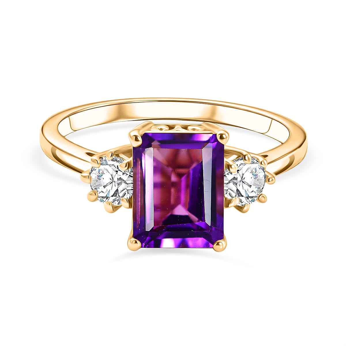 D'Joy Zambian Amethyst, Moissanite Main Stone With Side Stone Ring in 18K YG PlatingSterling Silver  2.742  Ct.