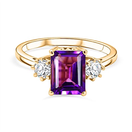 D'Joy Zambian Amethyst, Moissanite Main Stone With Side Stone Ring in 18K YG PlatingSterling Silver  2.742  Ct.