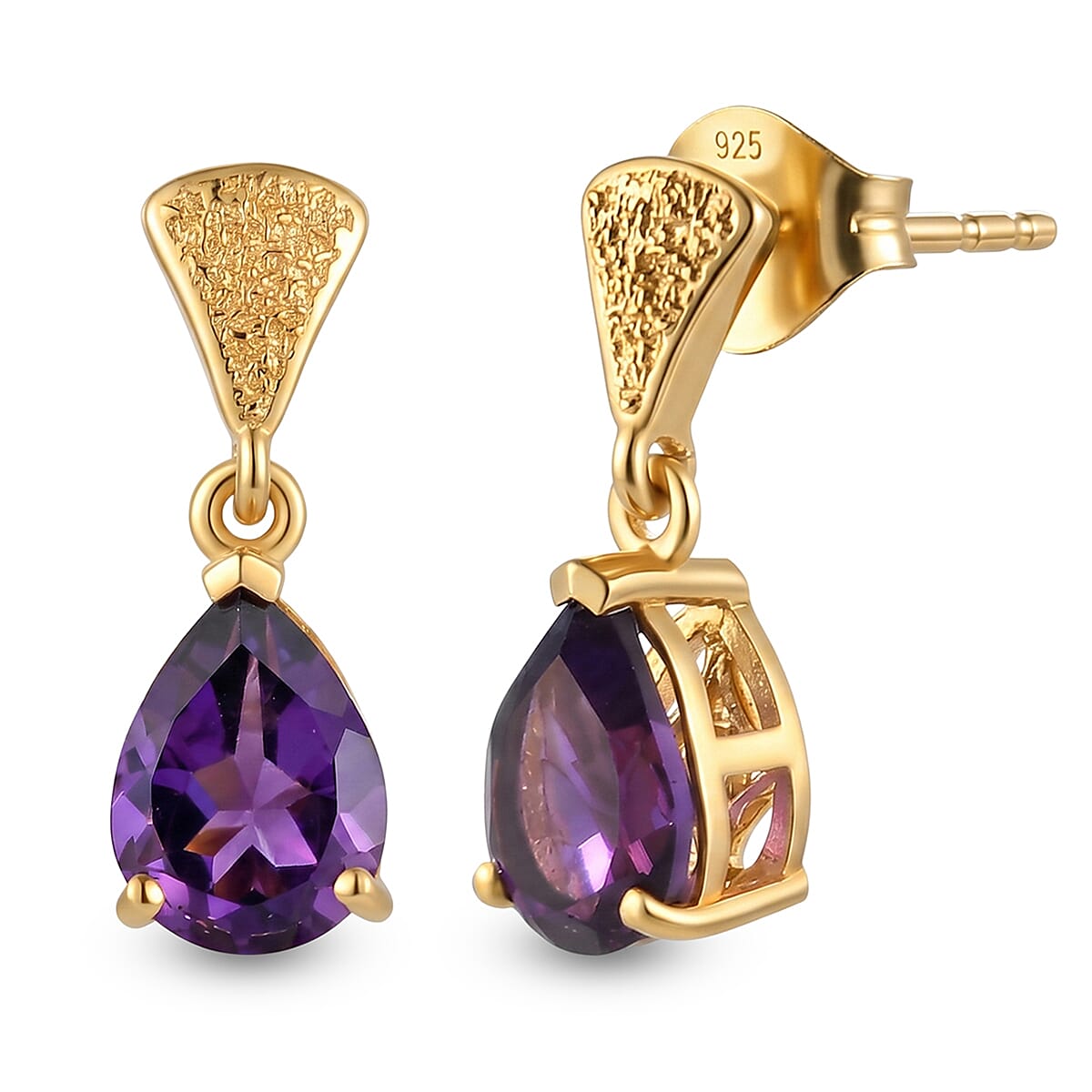 D'Joy - Zambian Amethyst Dangling Earring with Push Post in Yellow Gold Plated Sterling Silver 2.08 Ct.