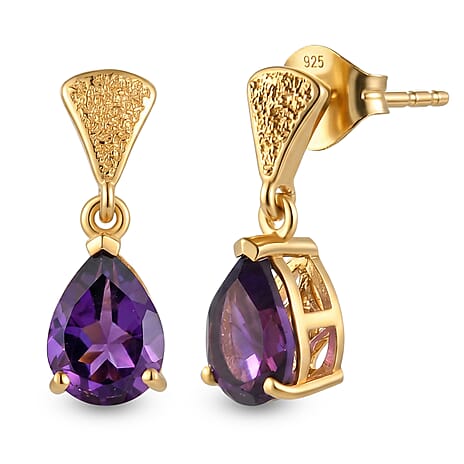 D'Joy - Zambian Amethyst Dangling Earring with Push Post in Yellow Gold Plated Sterling Silver 2.08 Ct.