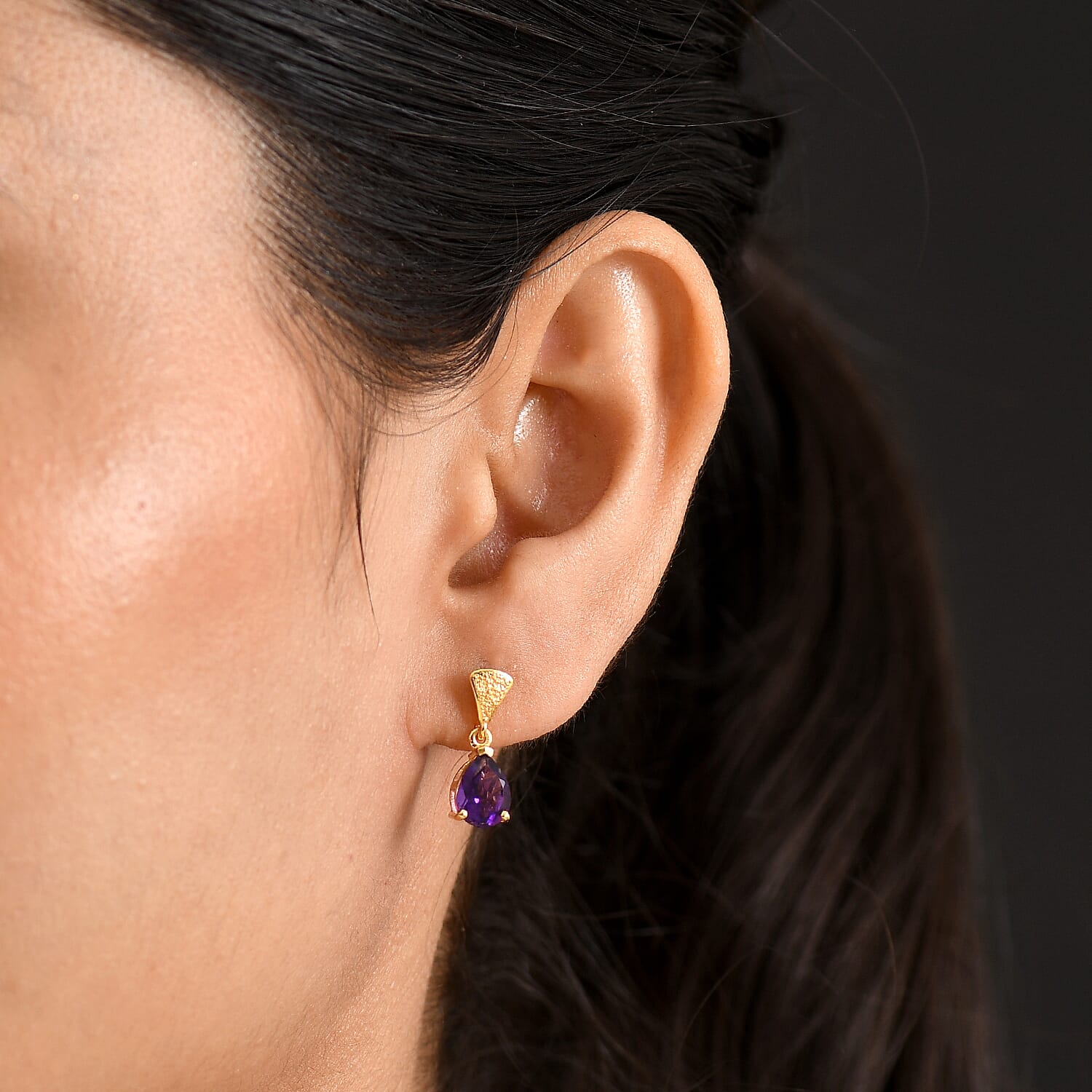 D'Joy - Zambian Amethyst Dangling Earring with Push Post in Yellow Gold Plated Sterling Silver 2.08 Ct.