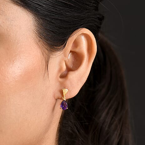 D'Joy - Zambian Amethyst Dangling Earring with Push Post in Yellow Gold Plated Sterling Silver 2.08 Ct.