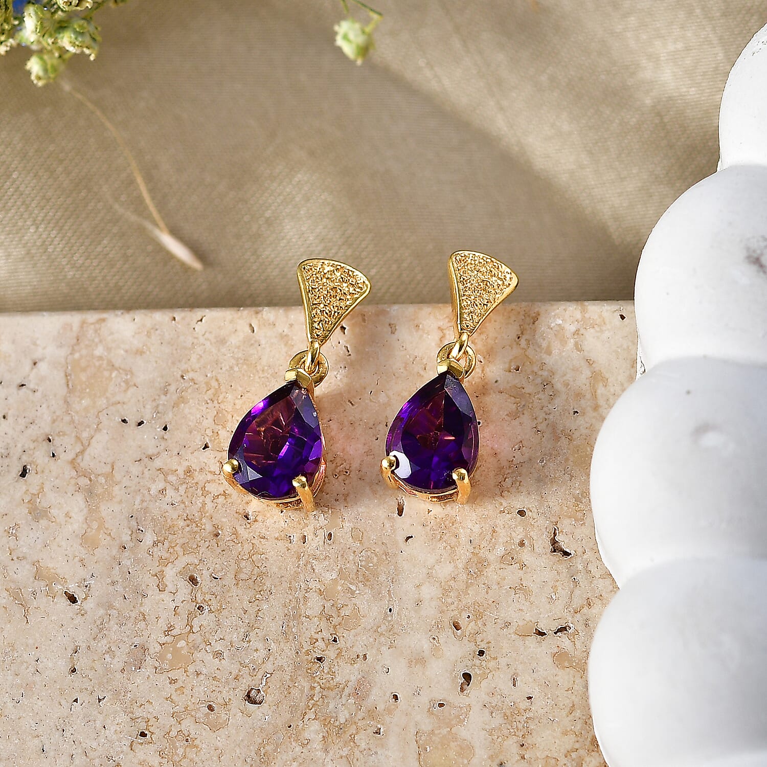 D'Joy - Zambian Amethyst Dangling Earring with Push Post in Yellow Gold Plated Sterling Silver 2.08 Ct.