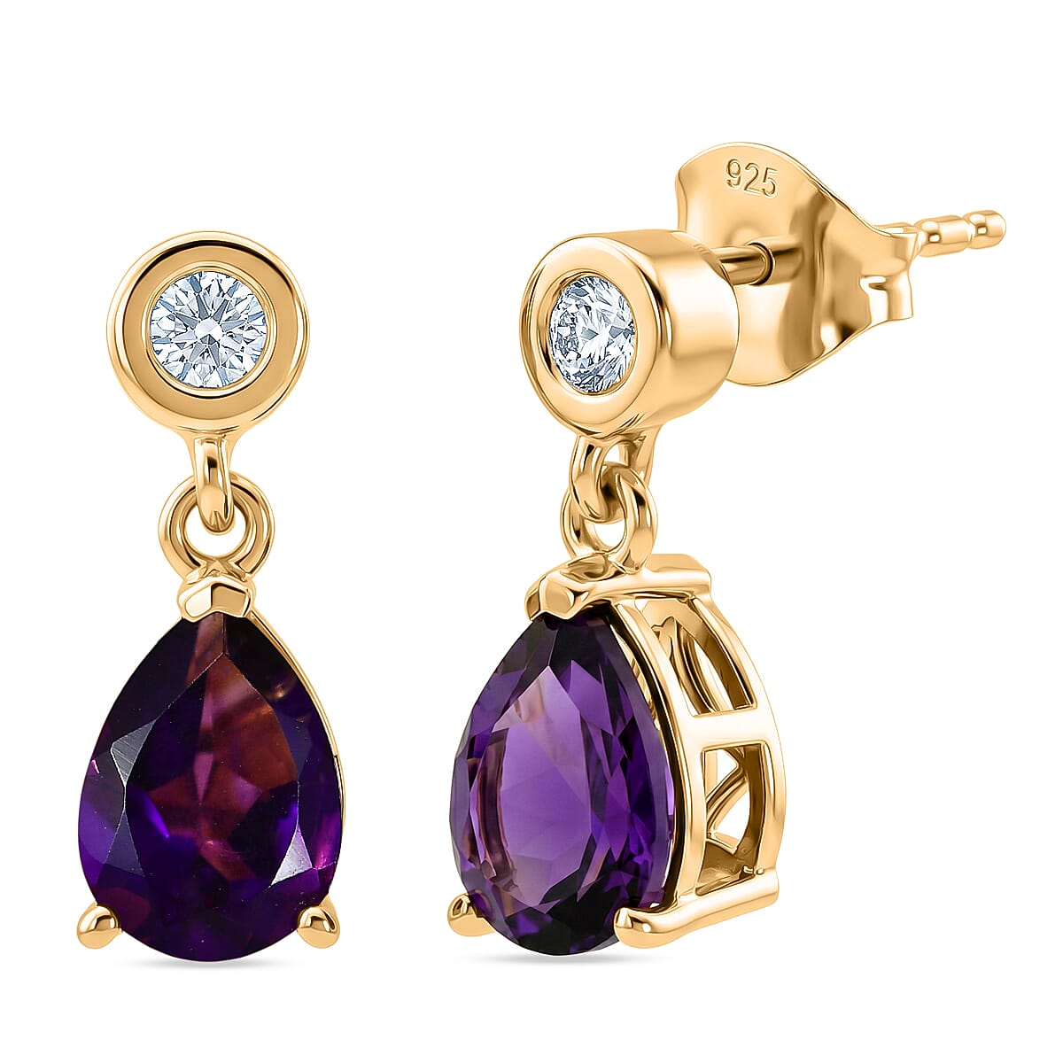 D'Joy - AAA Zambian Amethyst & Moissanite Dangling Earring with Push Post in Yellow Gold Plated Sterling Silver 2.22 Ct.