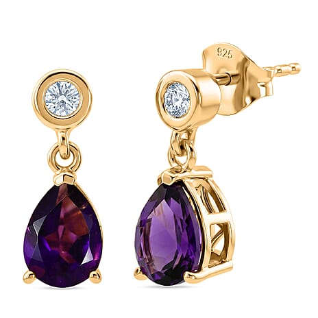 D'Joy - AAA Zambian Amethyst & Moissanite Dangling Earring with Push Post in Yellow Gold Plated Sterling Silver 2.22 Ct.