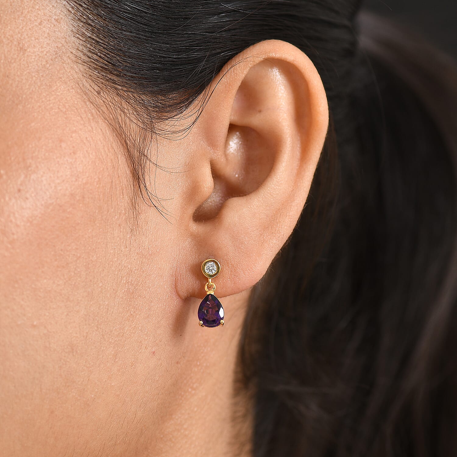 D'Joy - AAA Zambian Amethyst & Moissanite Dangling Earring with Push Post in Yellow Gold Plated Sterling Silver 2.22 Ct.