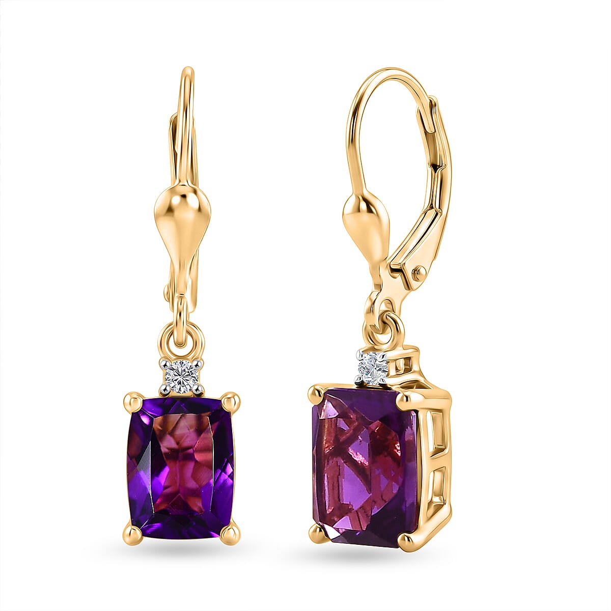 D'Joy - AAA Zambian Amethyst & White Zircon Earring with Lever Back in Yellow Gold Plated Sterling Silver 2.95 Ct.