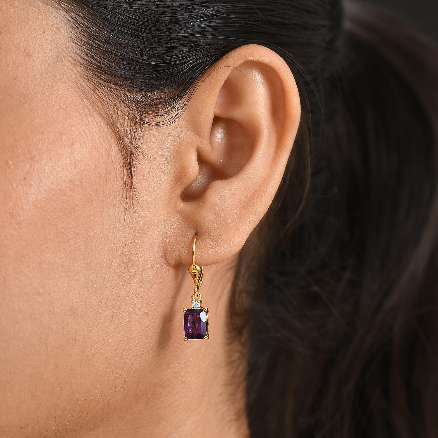 D'Joy - AAA Zambian Amethyst & White Zircon Earring with Lever Back in Yellow Gold Plated Sterling Silver 2.95 Ct.