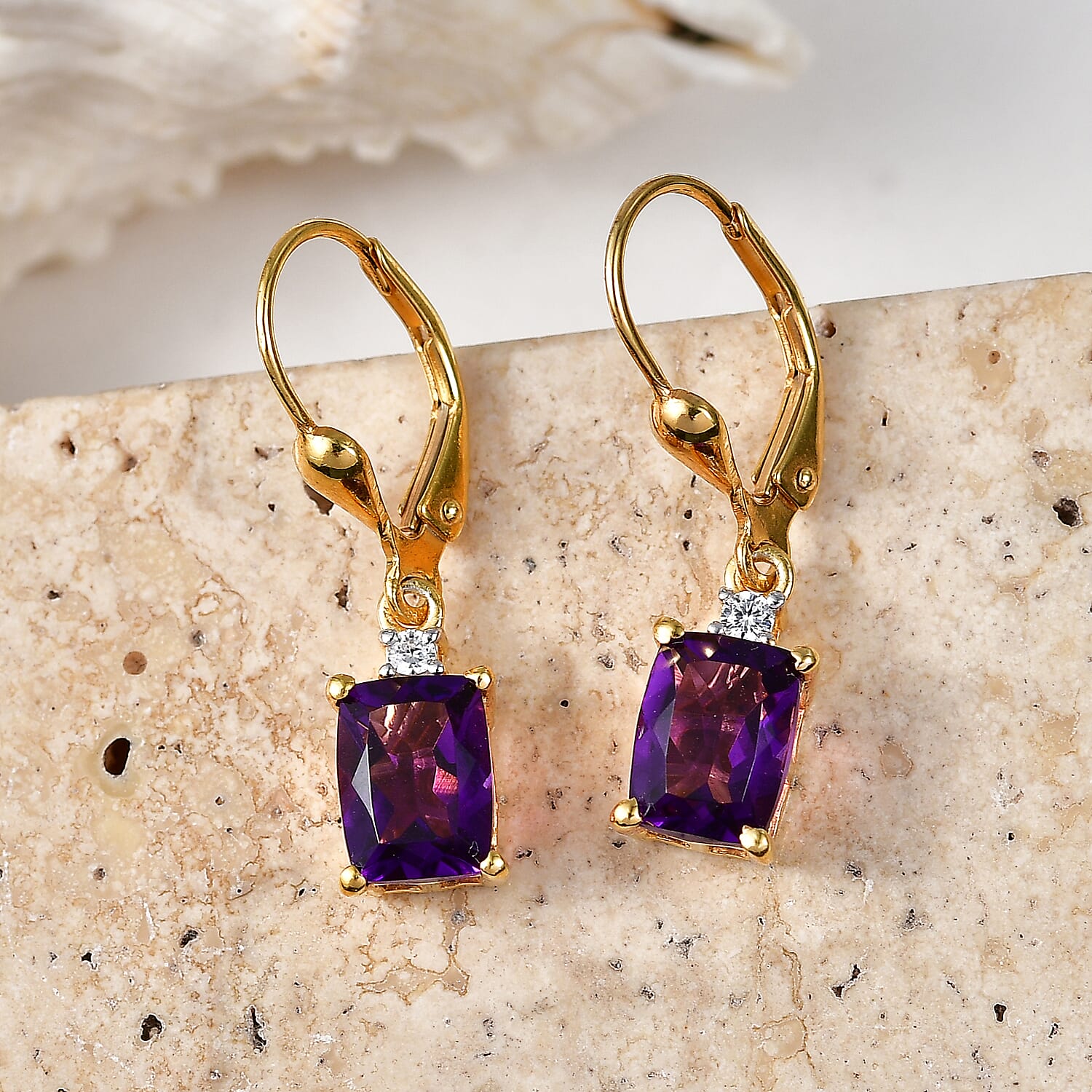 D'Joy - AAA Zambian Amethyst & White Zircon Earring with Lever Back in Yellow Gold Plated Sterling Silver 2.95 Ct.