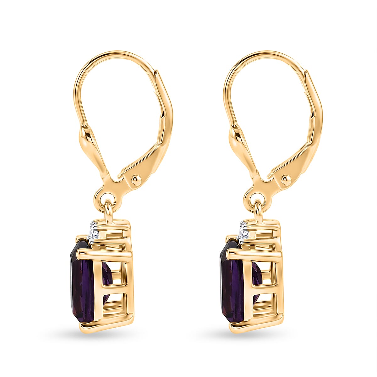 D'Joy - AAA Zambian Amethyst & White Zircon Earring with Lever Back in Yellow Gold Plated Sterling Silver 2.95 Ct.