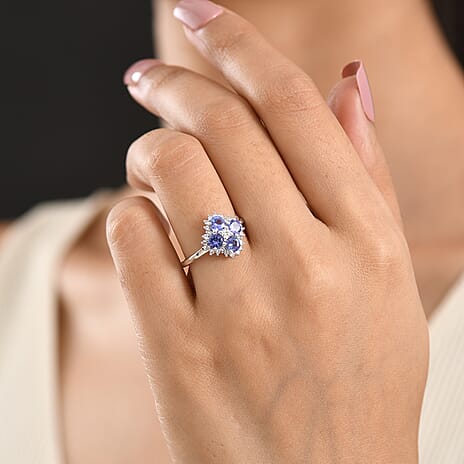 Luxuriant - Tanzanite & Lab Grown Diamond (SI-G-H) Cluster Ring in Rhodium Overlay Sterling Silver 1.37 Ct.