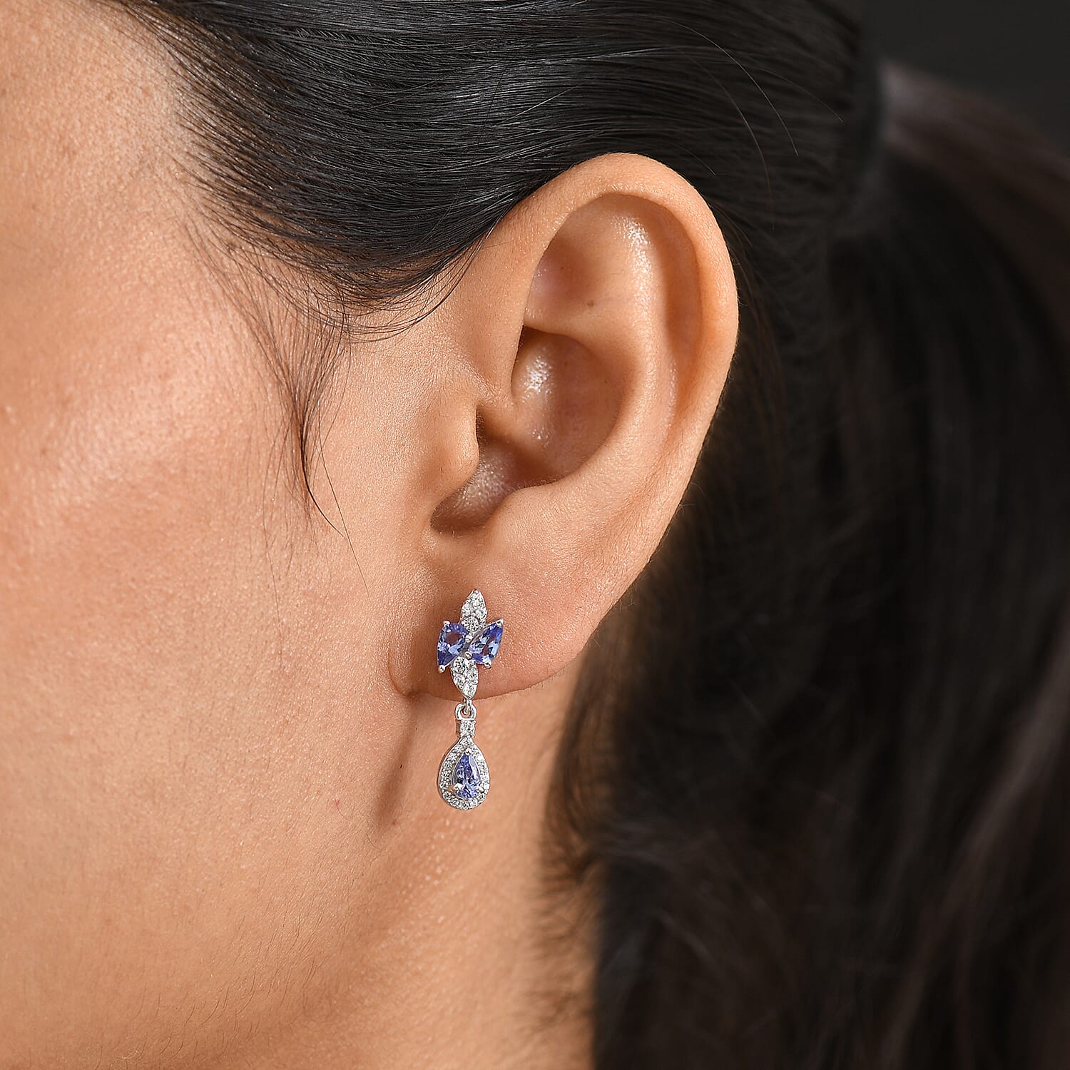 D'Joy - Tanzanite & White Zircon Dangling Earring with Push Post in Rhodium Overlay Sterling Silver 1.80 Ct.