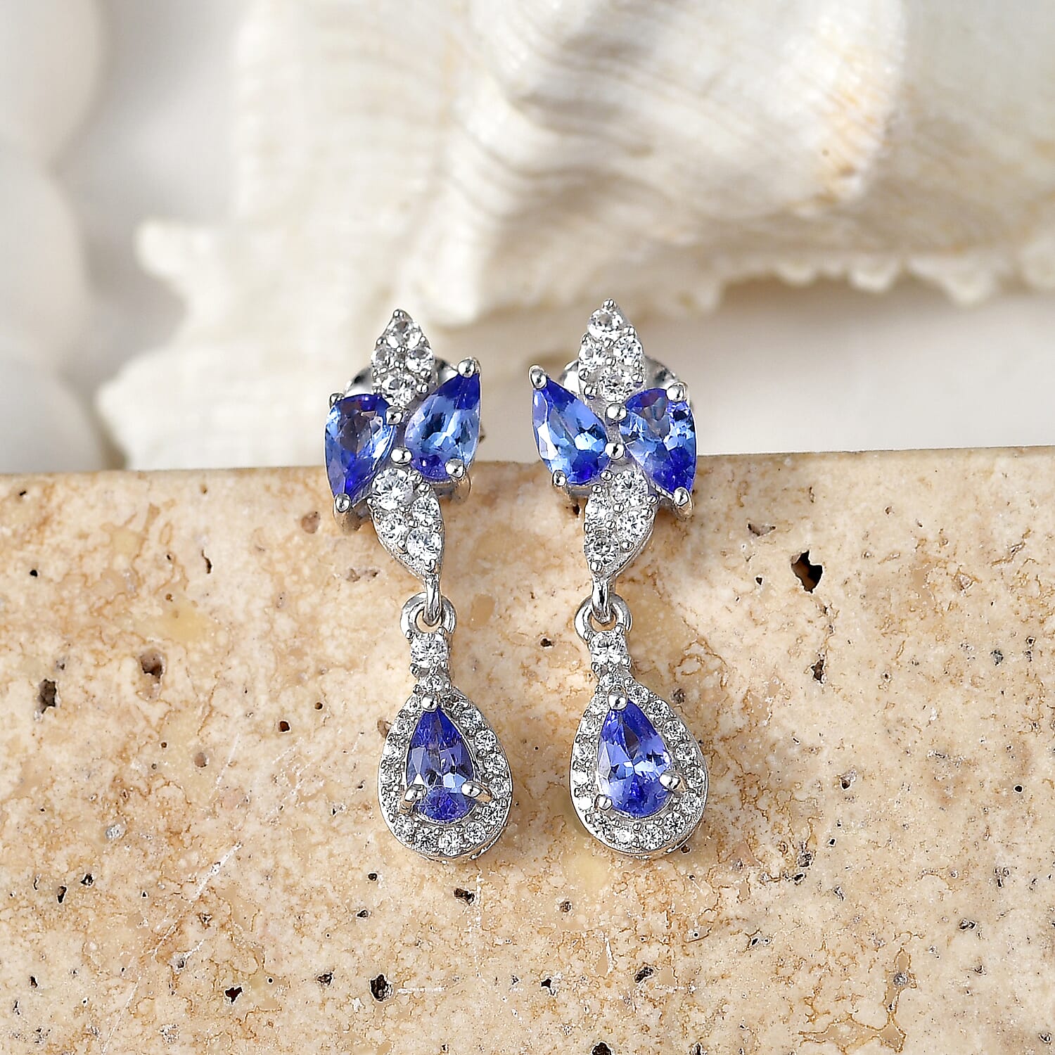 D'Joy - Tanzanite & White Zircon Dangling Earring with Push Post in Rhodium Overlay Sterling Silver 1.80 Ct.