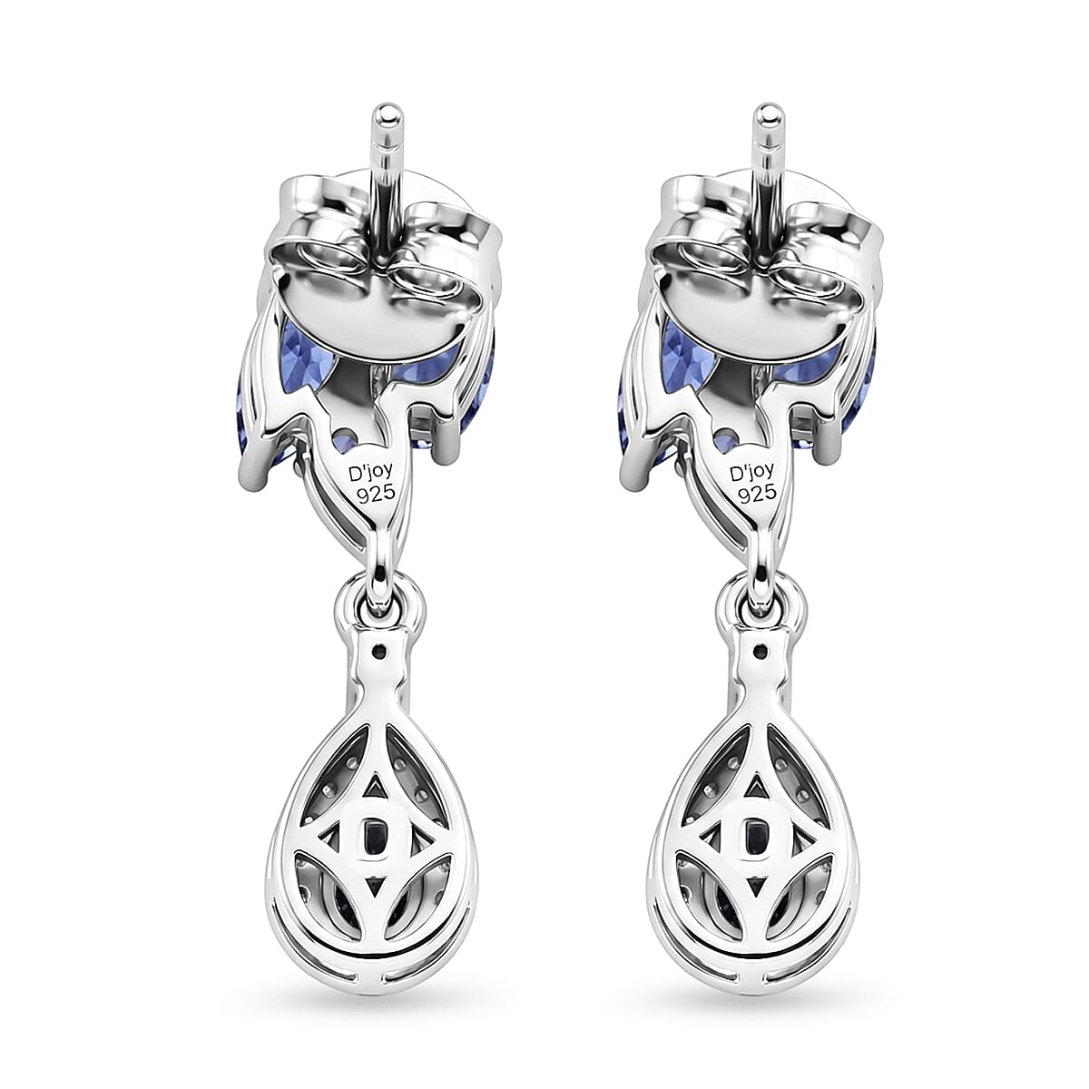D'Joy - Tanzanite & White Zircon Dangling Earring with Push Post in Rhodium Overlay Sterling Silver 1.80 Ct.