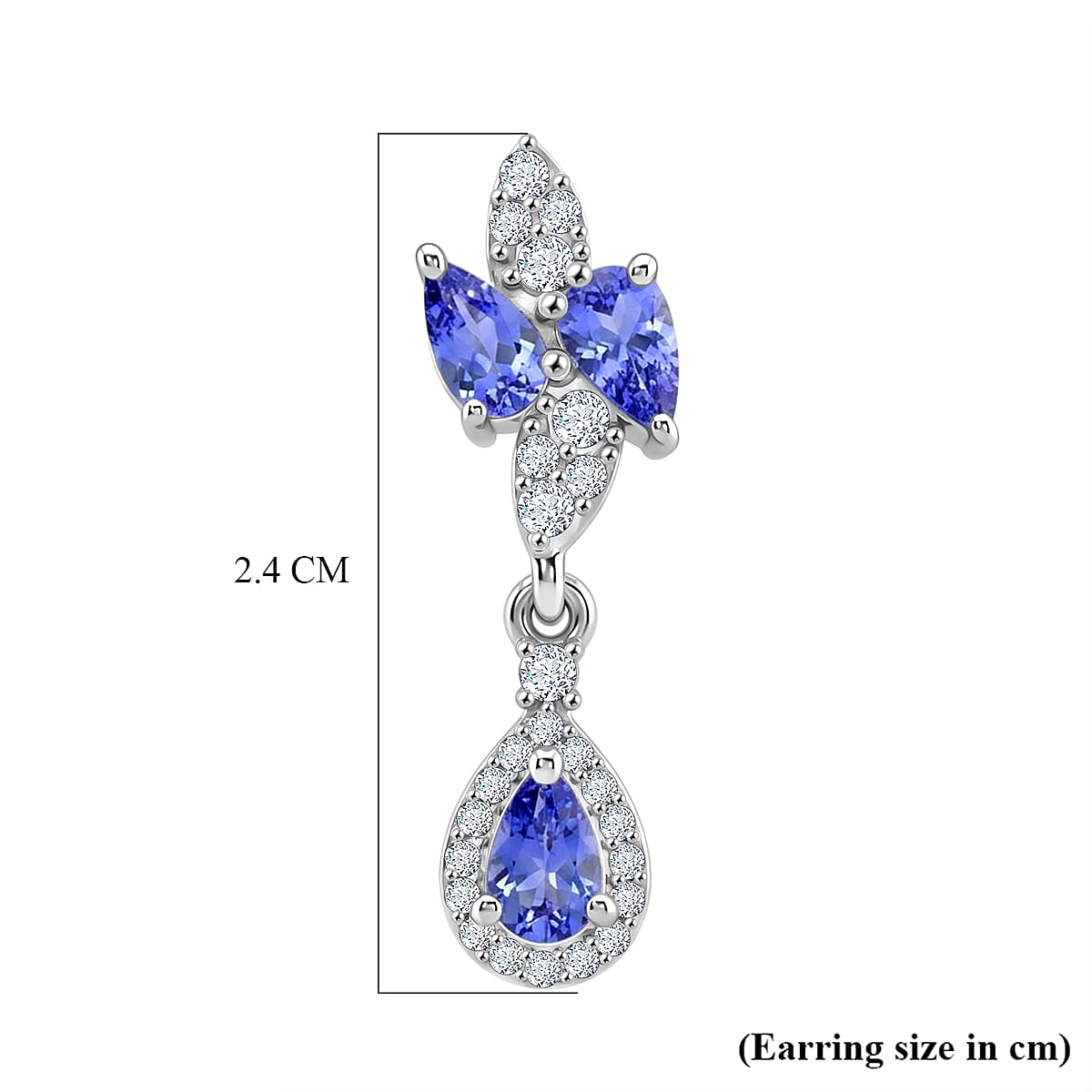 D'Joy - Tanzanite & White Zircon Dangling Earring with Push Post in Rhodium Overlay Sterling Silver 1.80 Ct.