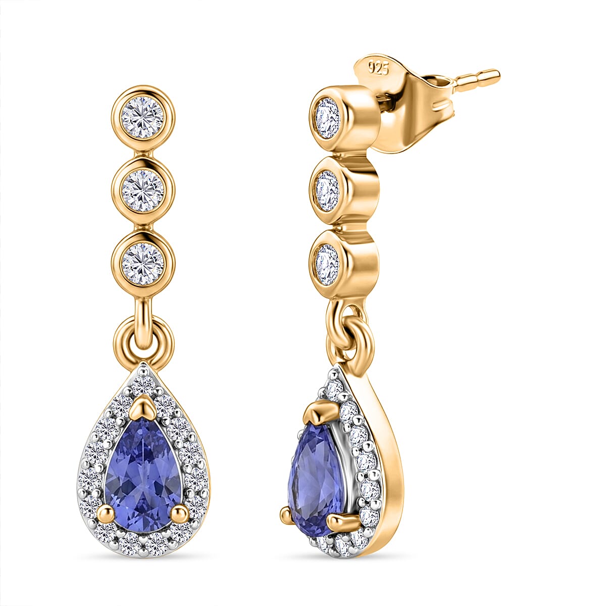 D'Joy - Tanzanite & White Zircon Dangling Earring with Push Post in Yellow Gold Plated Sterling Silver 1.00 Ct.