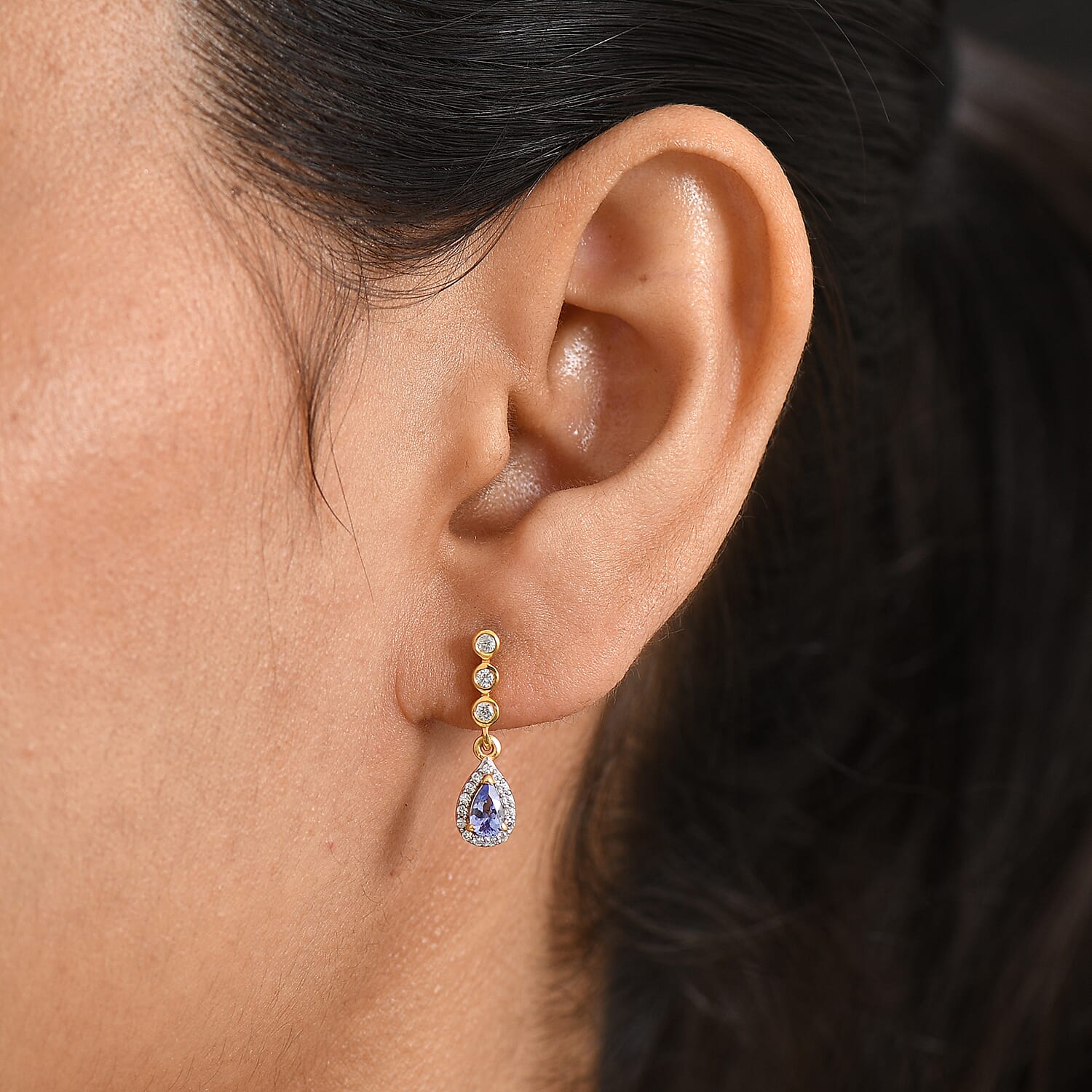 D'Joy - Tanzanite & White Zircon Dangling Earring with Push Post in Yellow Gold Plated Sterling Silver 1.00 Ct.